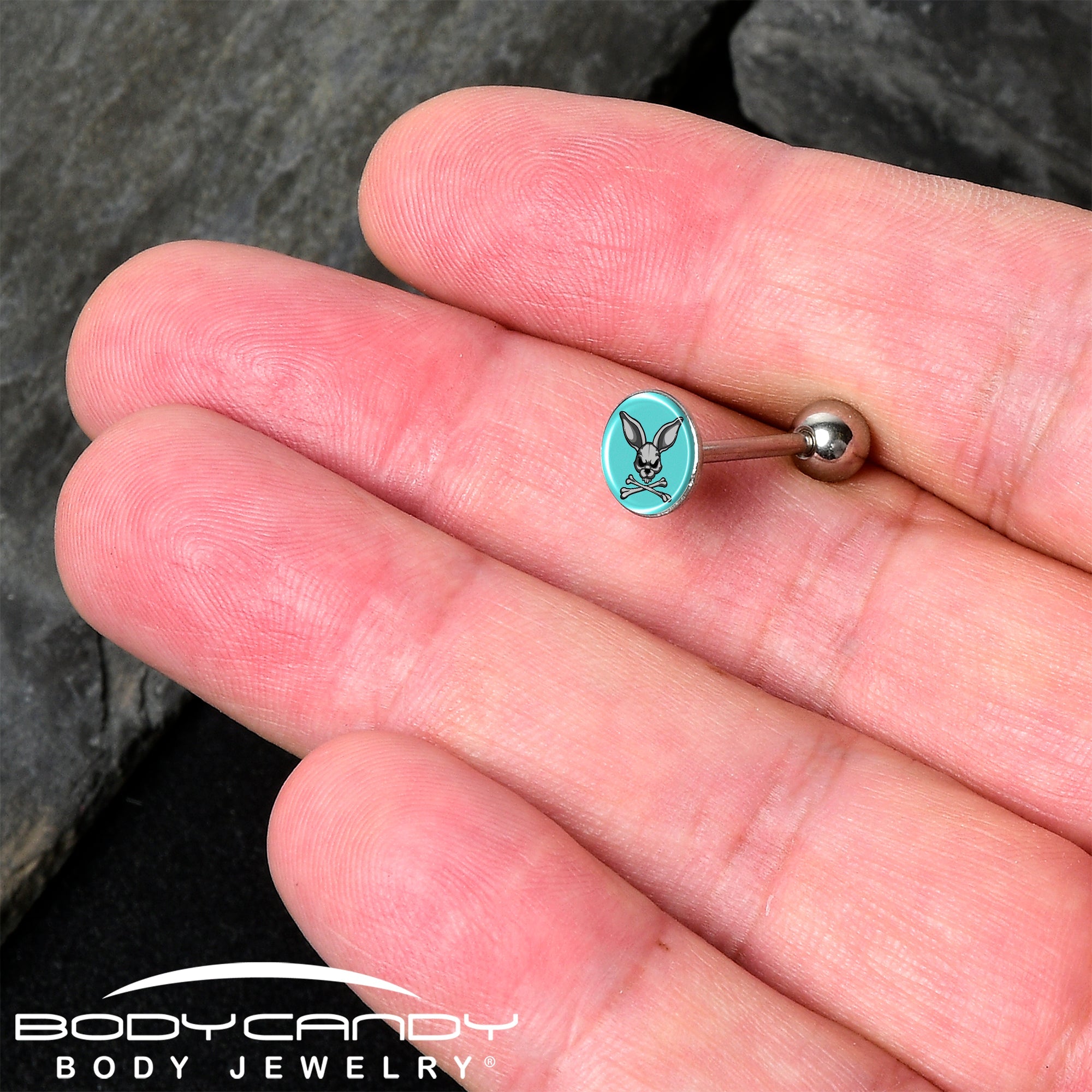 BodyCandy Bunny and Crossbones Barbell Tongue Ring by Onyx O — detail close-up