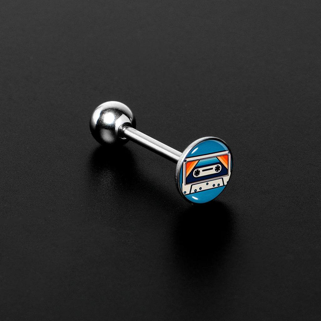 BodyCandy Retro Cassette Tape Barbell Tongue Ring by Onyx O — detail close-up