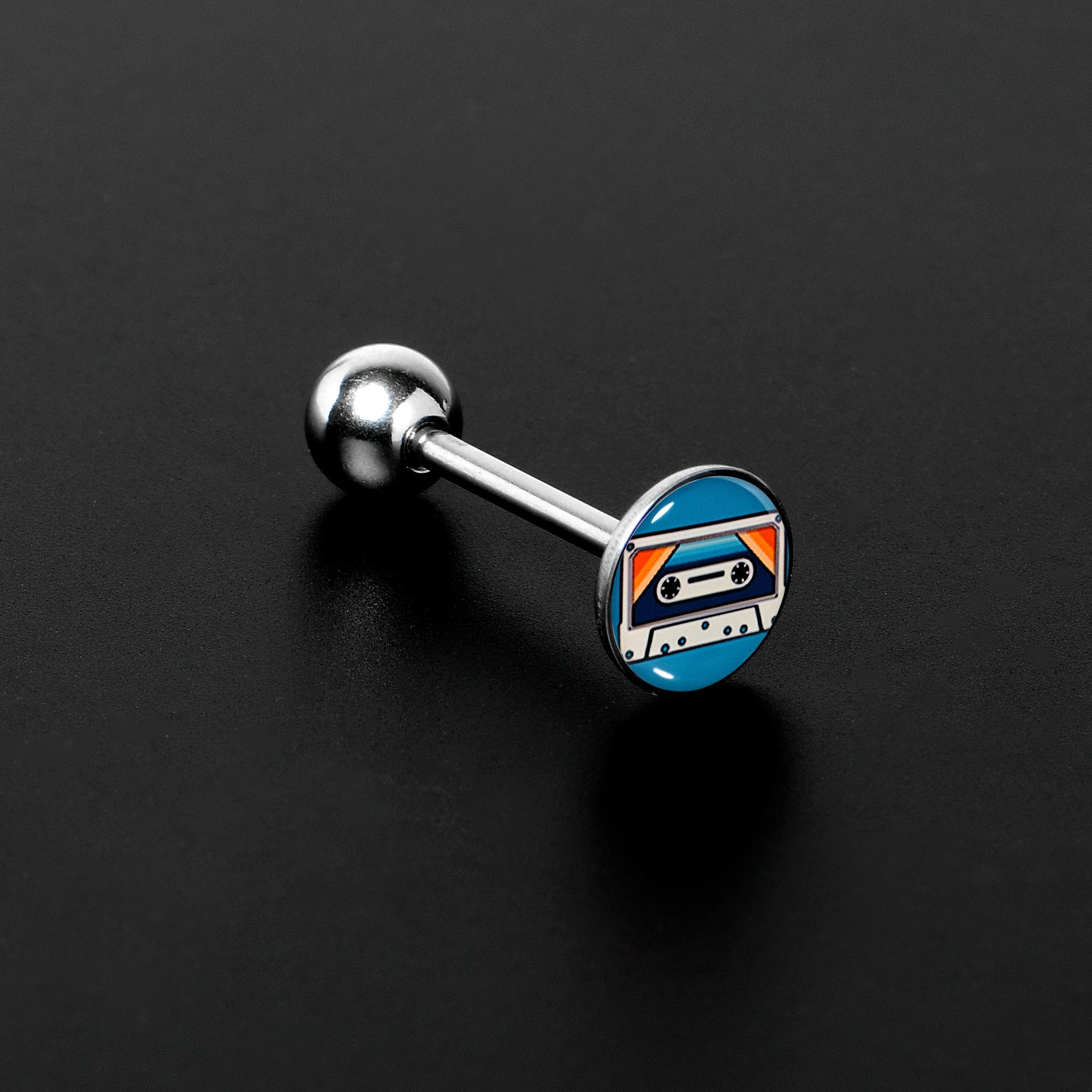 BodyCandy Retro Cassette Tape Barbell Tongue Ring by Onyx O — detail close-up