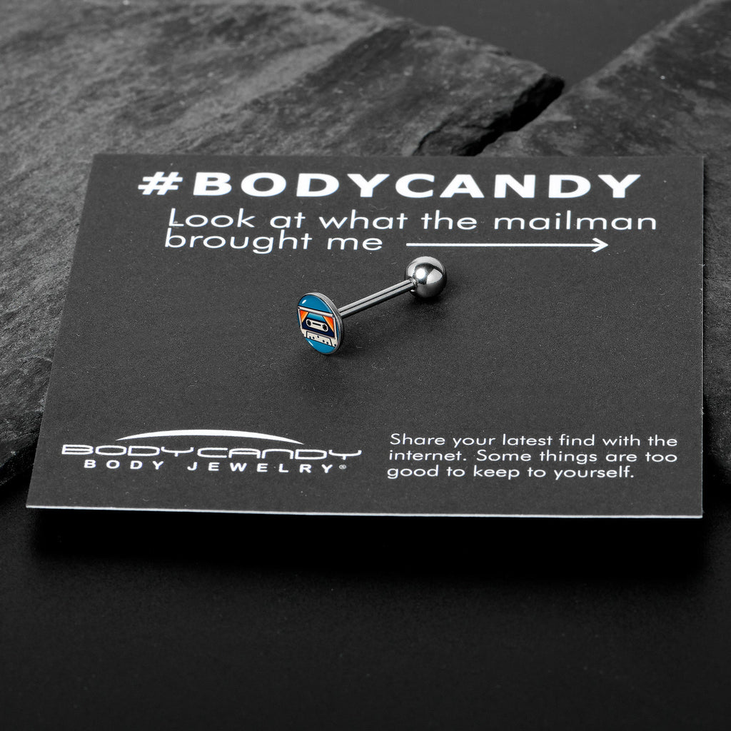 BodyCandy Retro Cassette Tape Barbell Tongue Ring by Onyx O — in-use photo