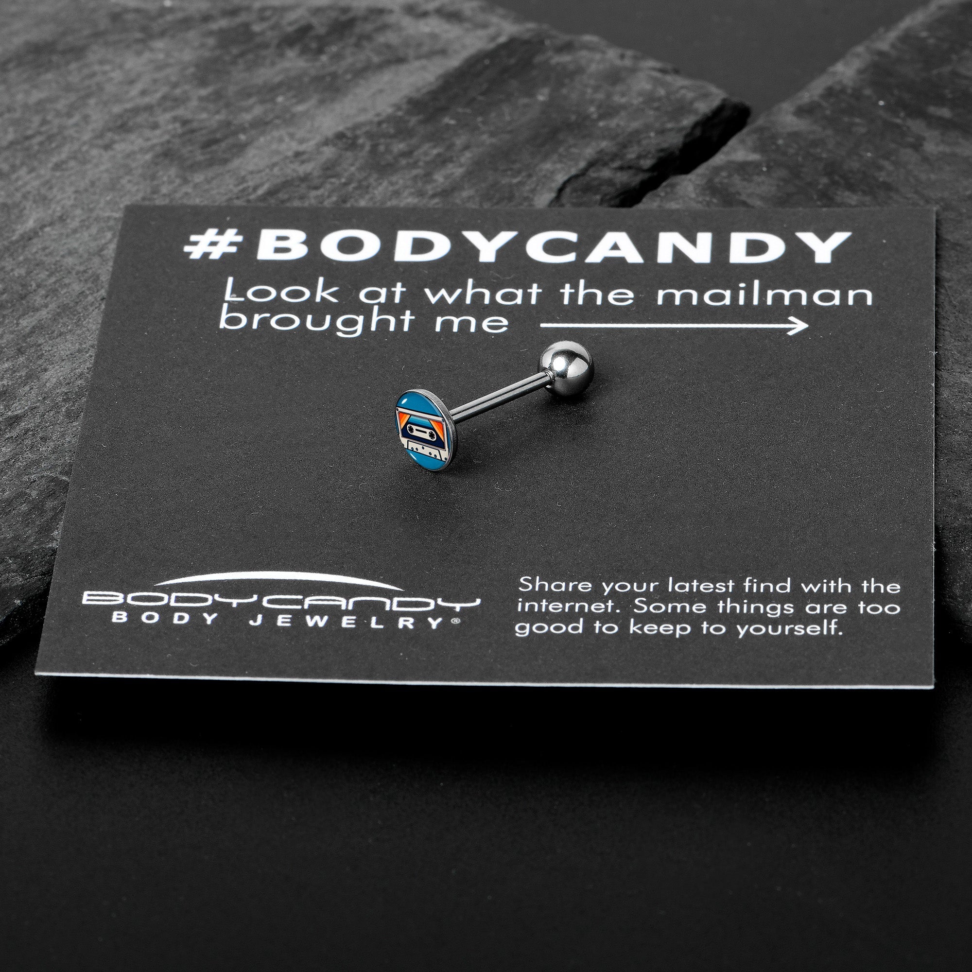 BodyCandy Retro Cassette Tape Barbell Tongue Ring by Onyx O — in-use photo