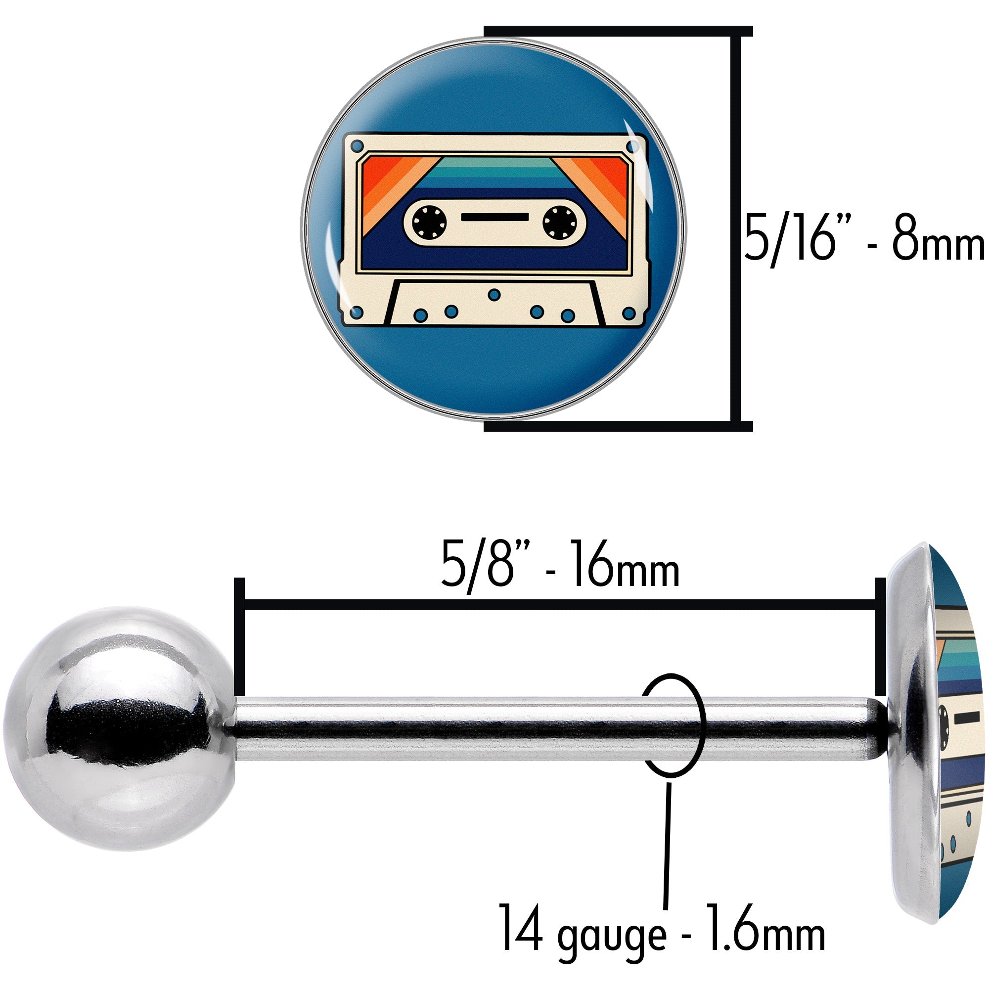 BodyCandy Retro Cassette Tape Barbell Tongue Ring by Onyx O — size reference