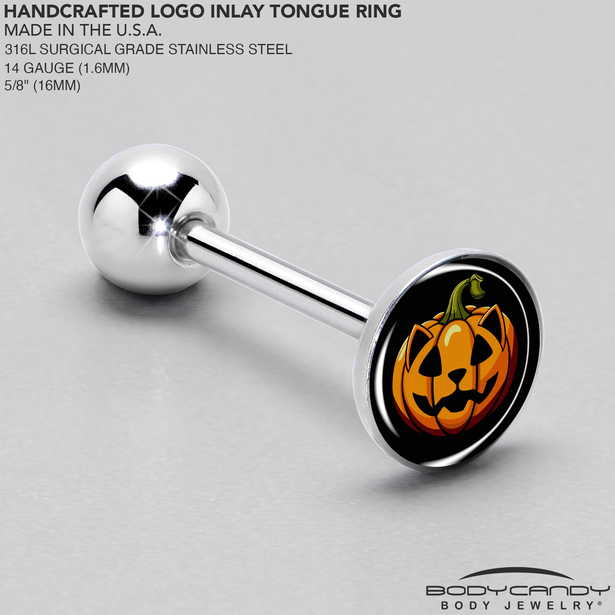 BodyCandy Orange Pumpkin Cat Jack-O-Lantern Barbell Tongue Ring by Onyx O — side view