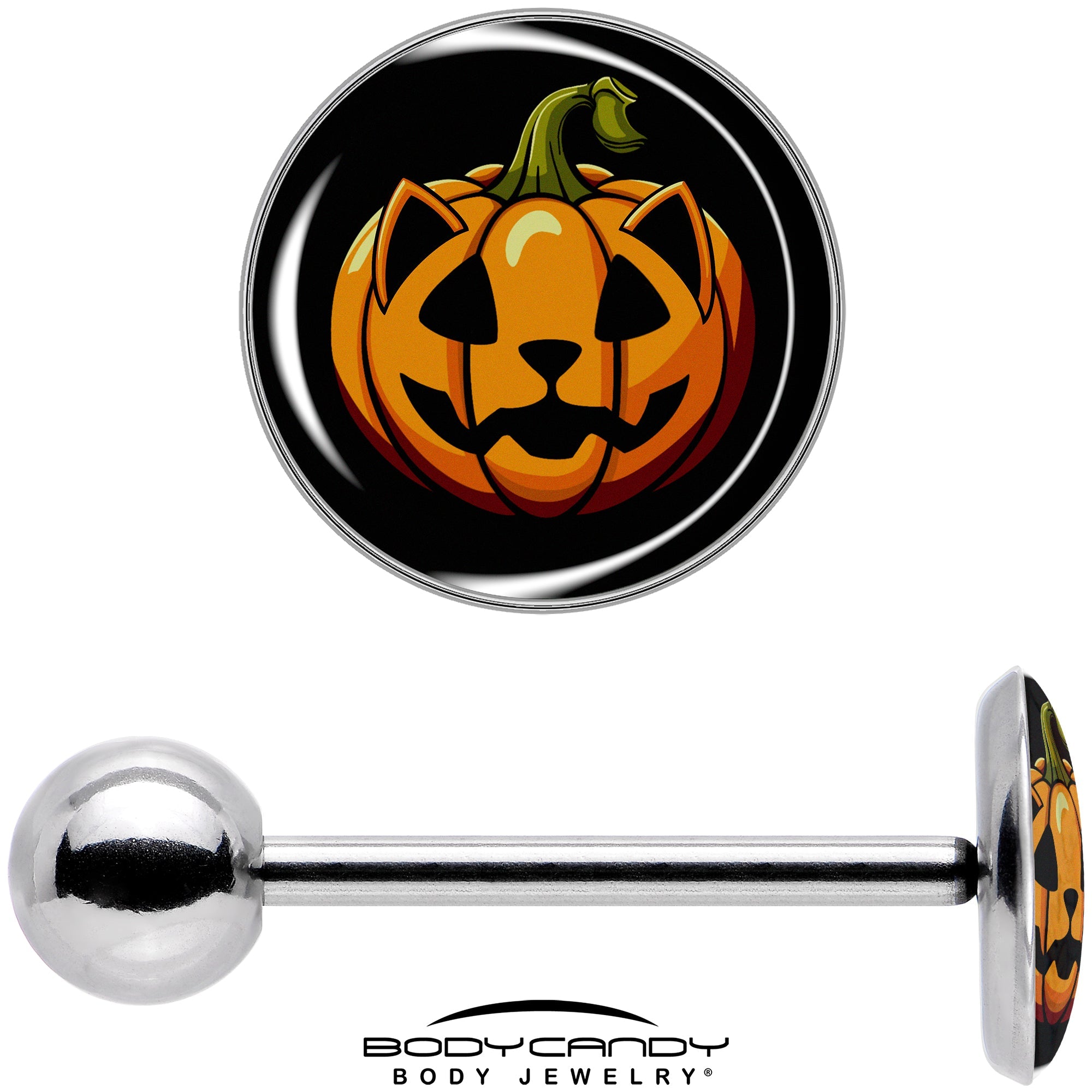 BodyCandy Orange Pumpkin Cat Jack-O-Lantern Barbell Tongue Ring by Onyx O — in-use photo