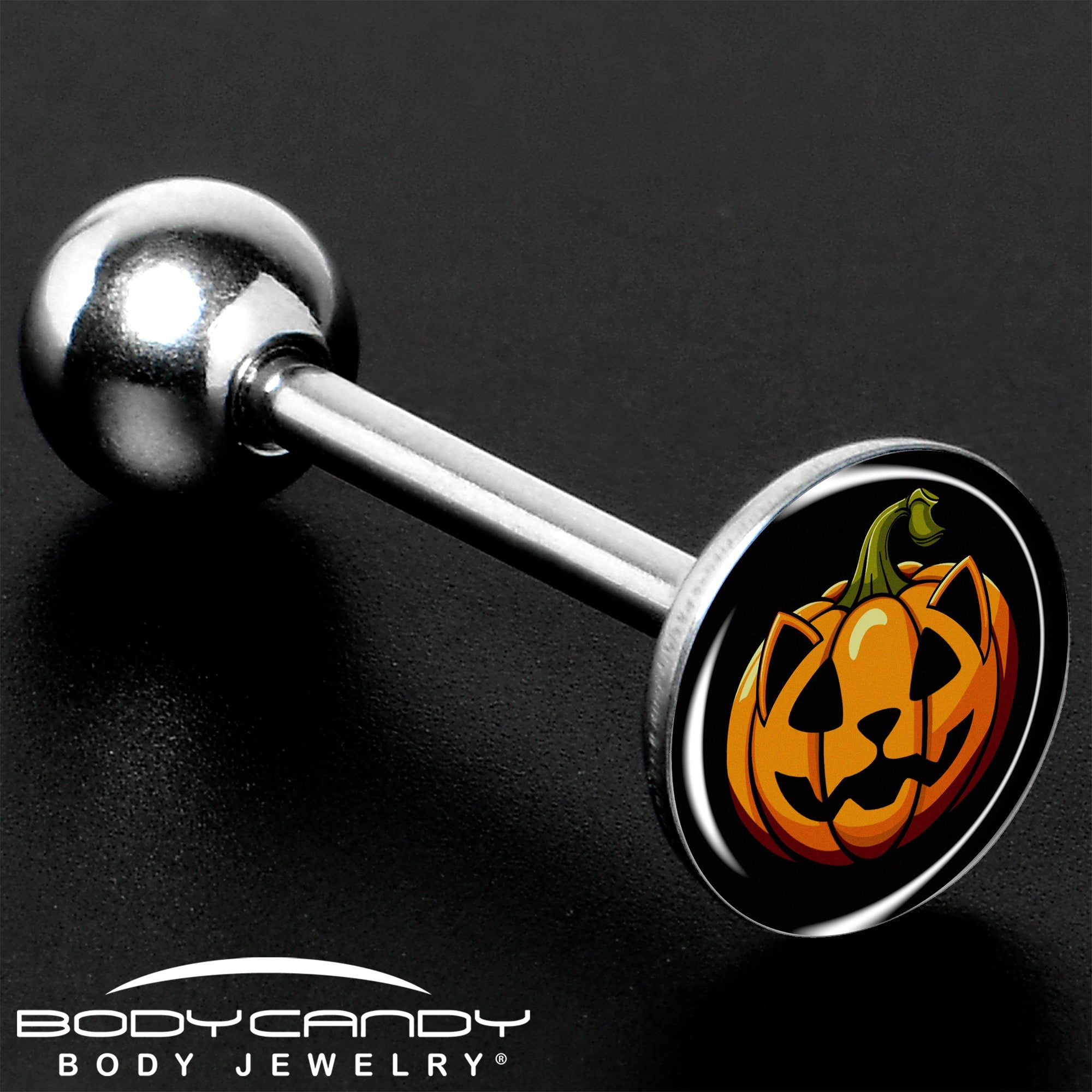 BodyCandy Orange Pumpkin Cat Jack-O-Lantern Barbell Tongue Ring by Onyx O — size reference