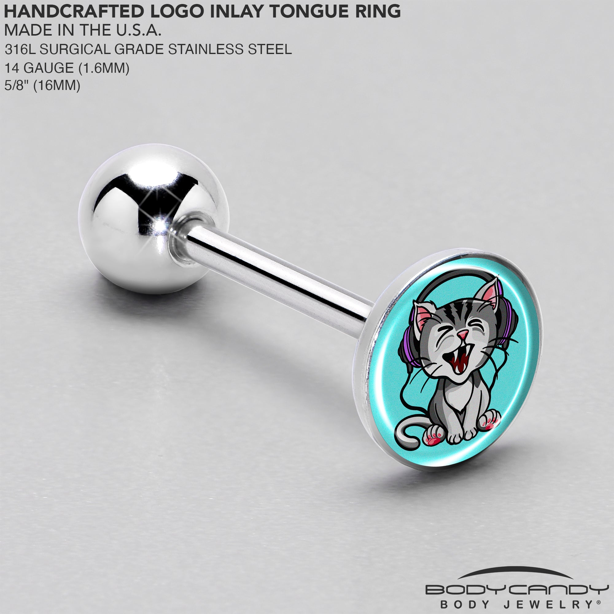 BodyCandy Heavy Metal Kitty Cat Barbell Tongue Ring by Onyx O — side view