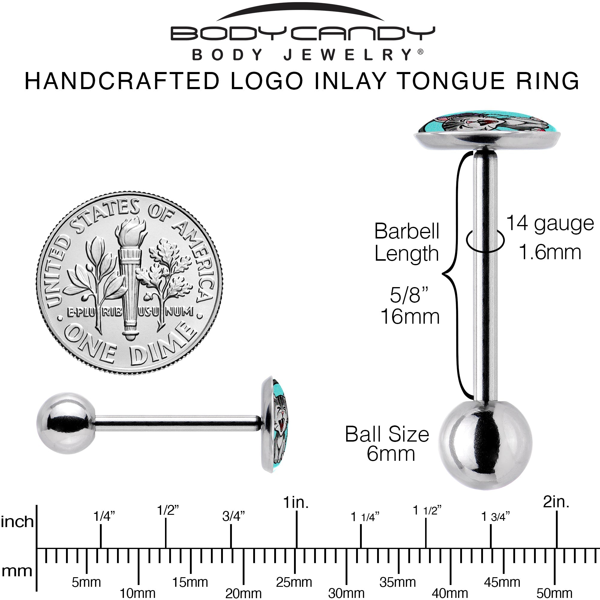 BodyCandy Heavy Metal Kitty Cat Barbell Tongue Ring by Onyx O — back view