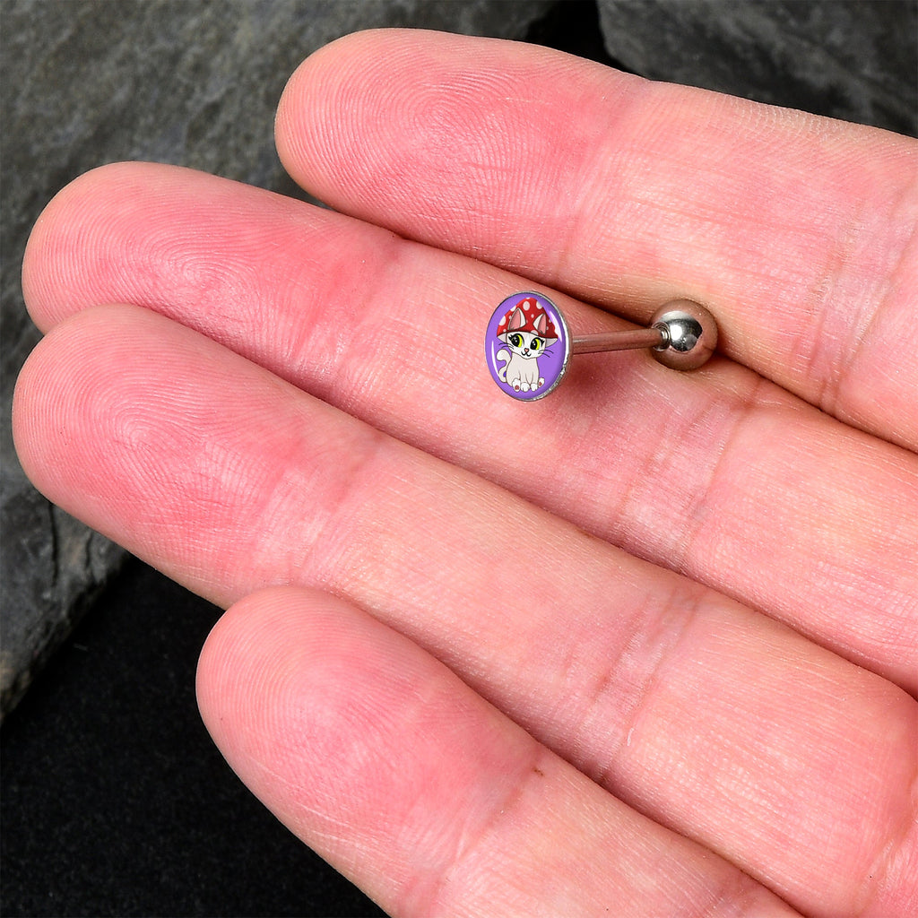 BodyCandy Polka Dot Mushroom Hat Cat Barbell Tongue Ring by Onyx O — detail close-up