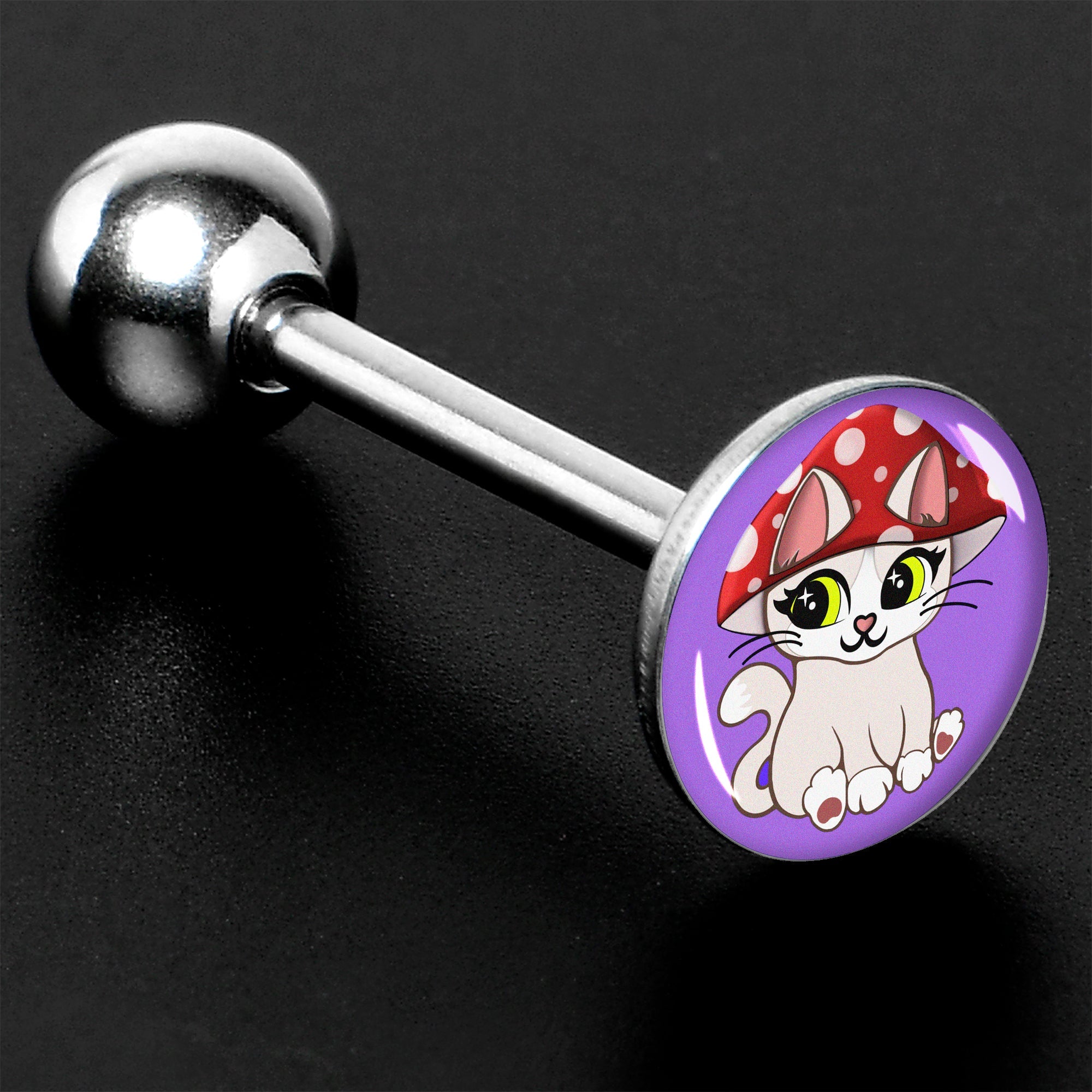 BodyCandy Polka Dot Mushroom Hat Cat Barbell Tongue Ring by Onyx O — side view
