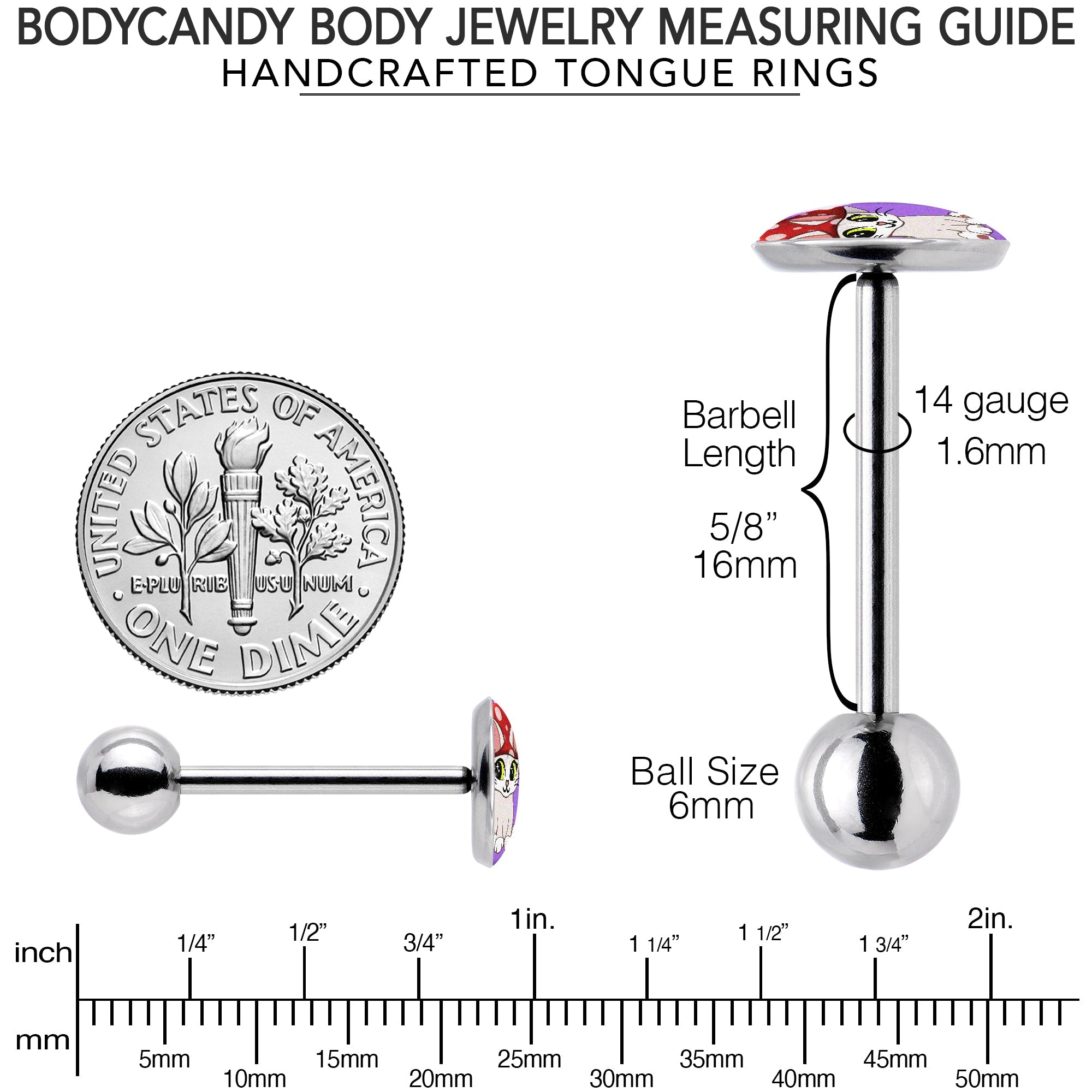 BodyCandy Polka Dot Mushroom Hat Cat Barbell Tongue Ring by Onyx O — back view