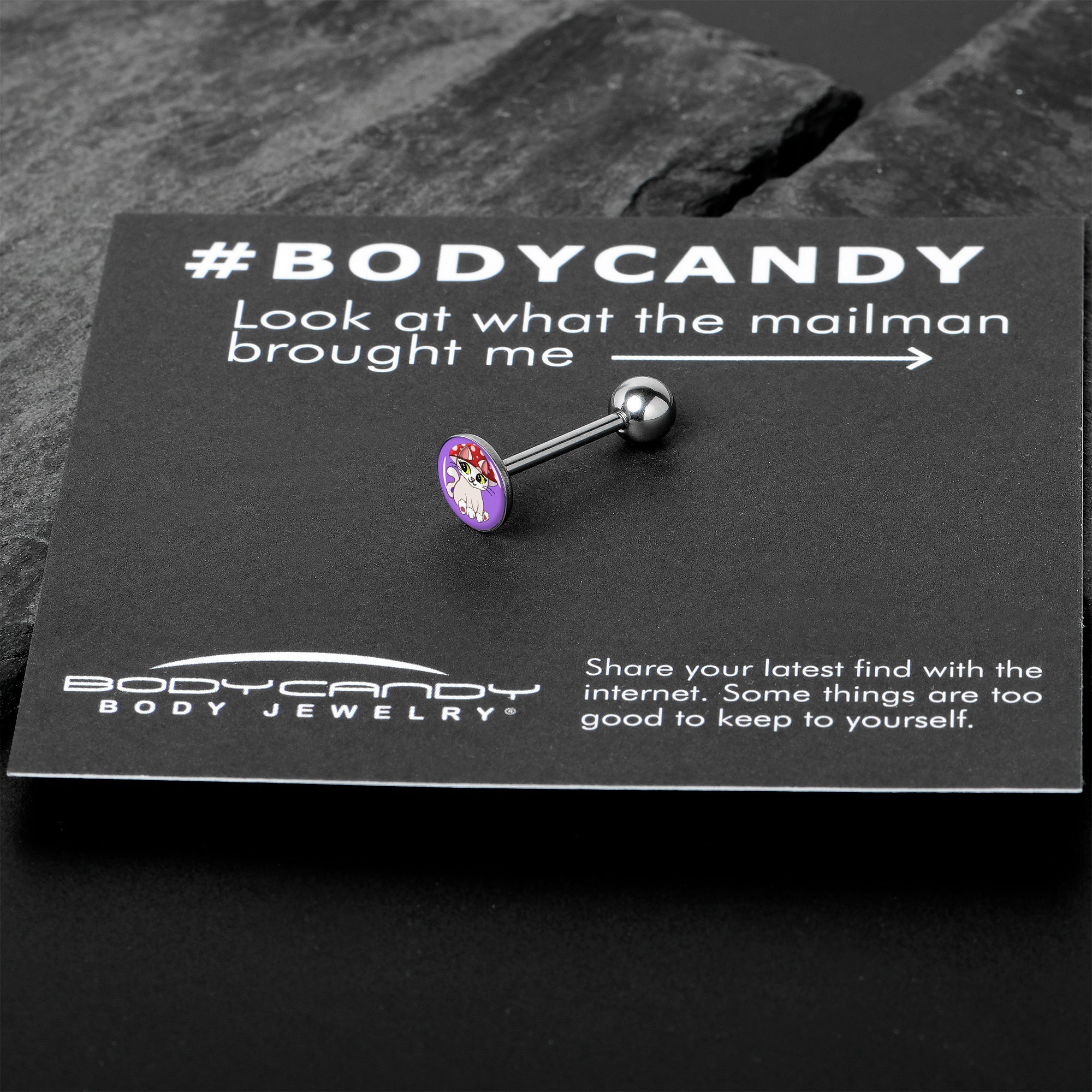 BodyCandy Polka Dot Mushroom Hat Cat Barbell Tongue Ring by Onyx O — in-use photo