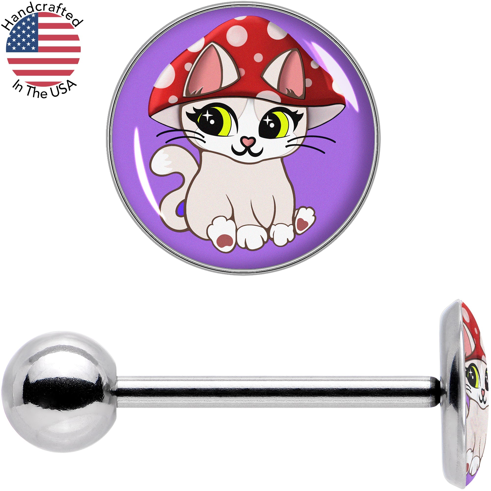 BodyCandy Polka Dot Mushroom Hat Cat Barbell Tongue Ring by Onyx O — size reference