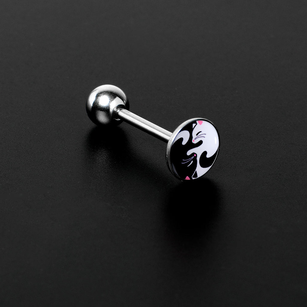 BodyCandy Cute Kitty Cat Yin Yang Barbell Tongue Ring by Onyx O — detail close-up