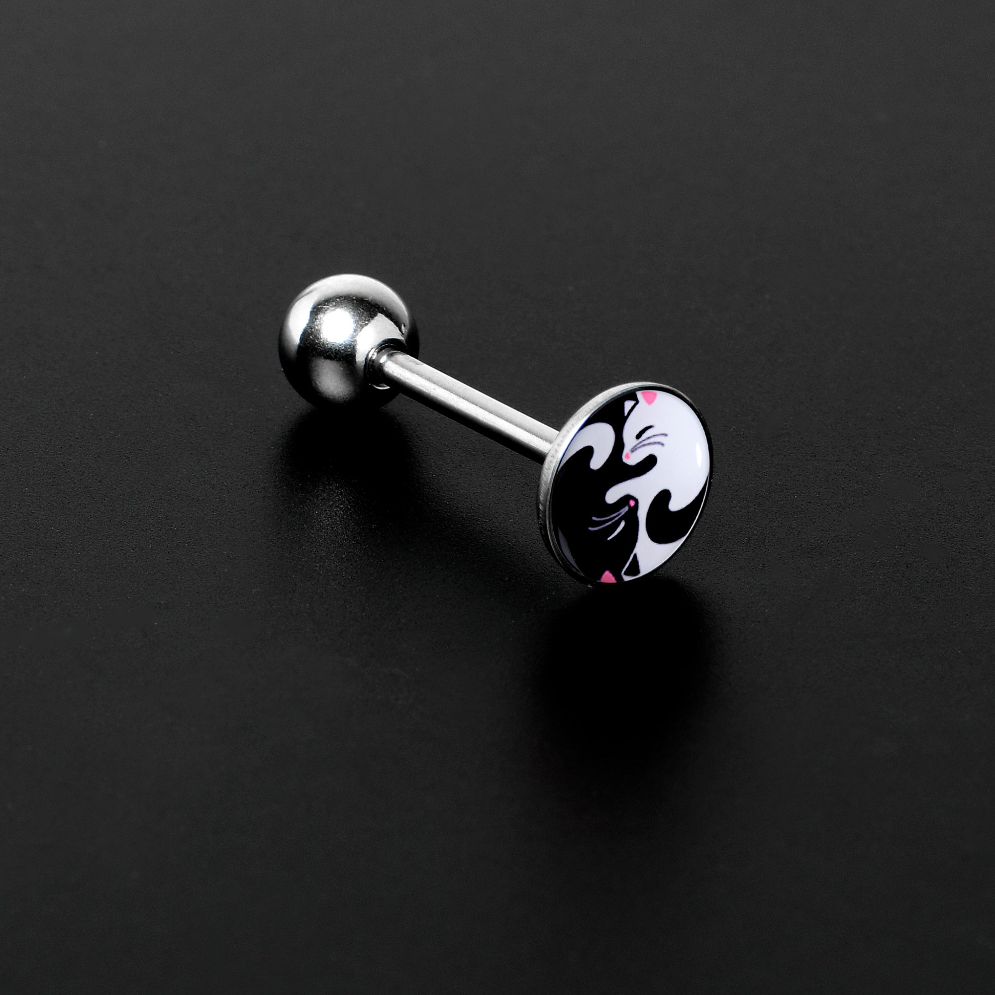 BodyCandy Cute Kitty Cat Yin Yang Barbell Tongue Ring by Onyx O — detail close-up