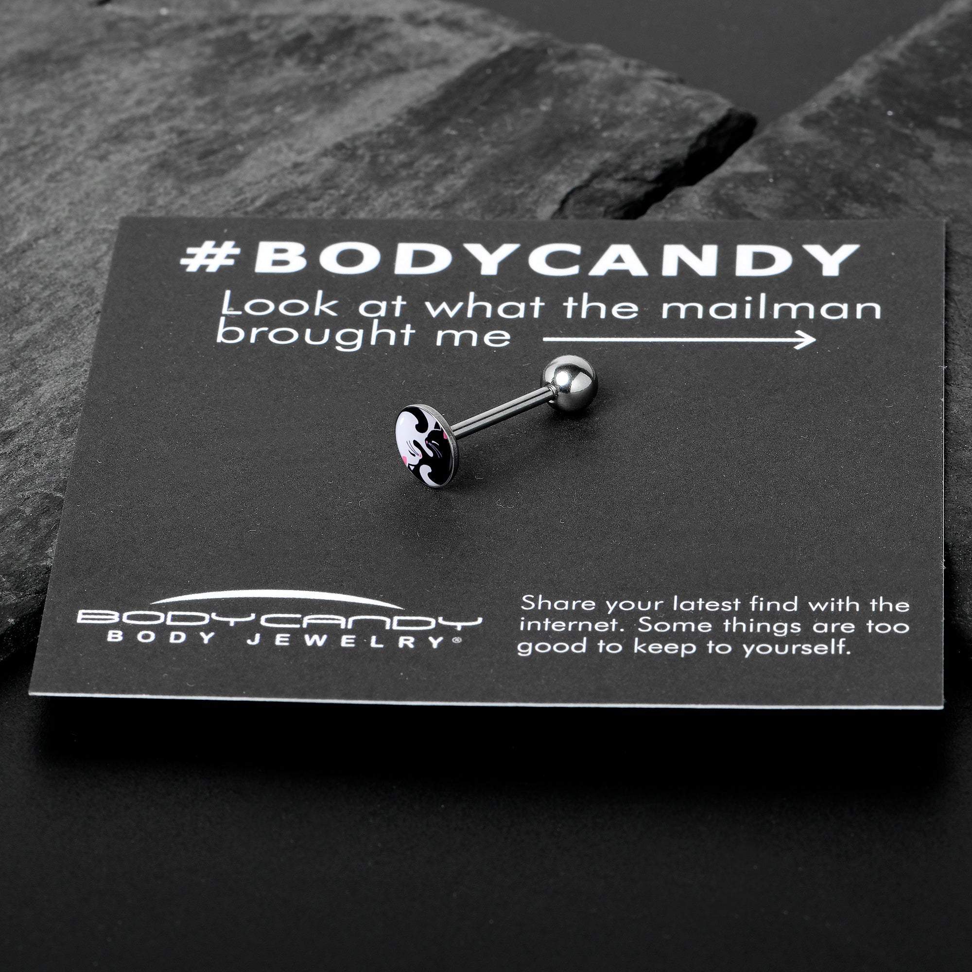 BodyCandy Cute Kitty Cat Yin Yang Barbell Tongue Ring by Onyx O — in-use photo