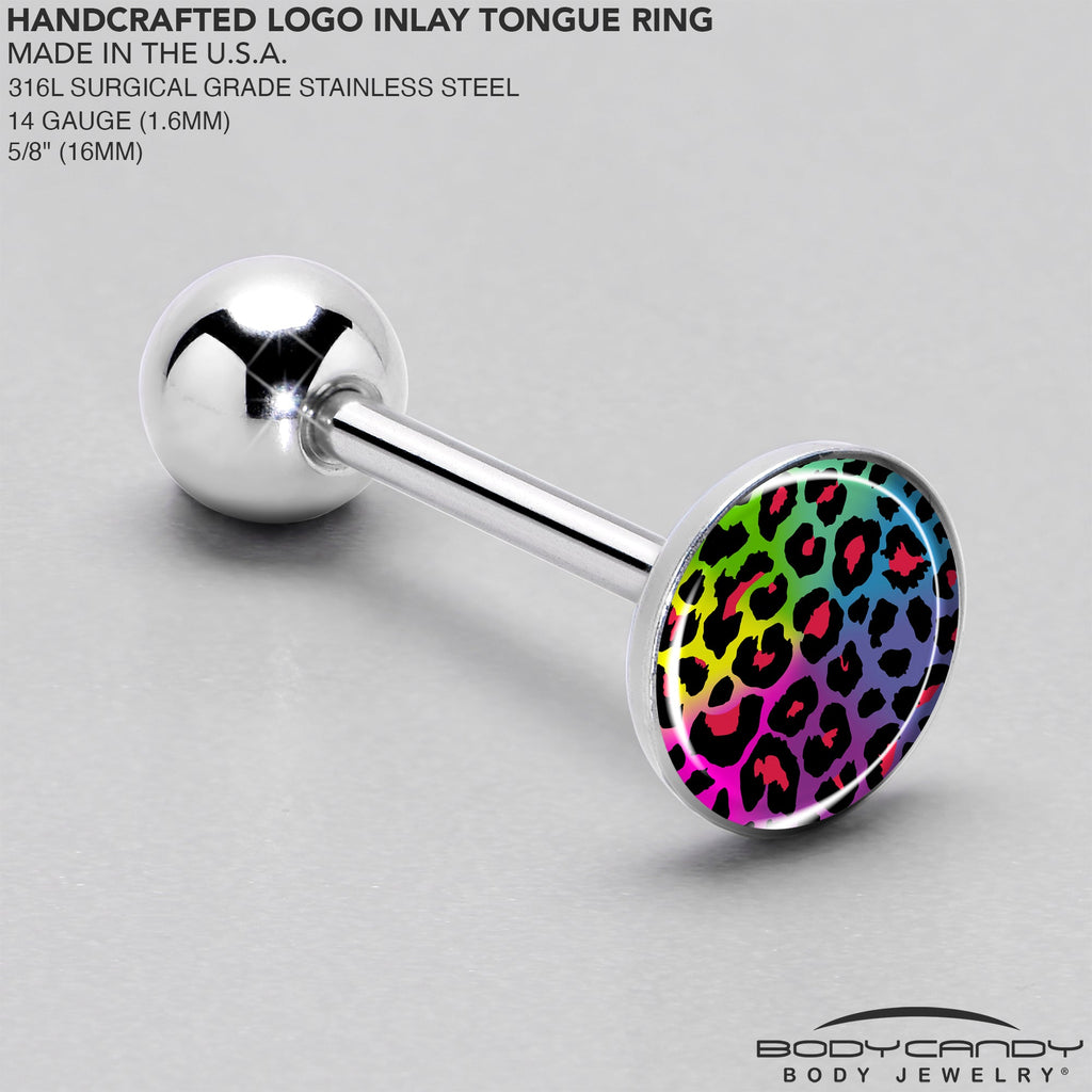 BodyCandy Rainbow Cheetah Print Barbell Tongue Ring by Onyx O — side view