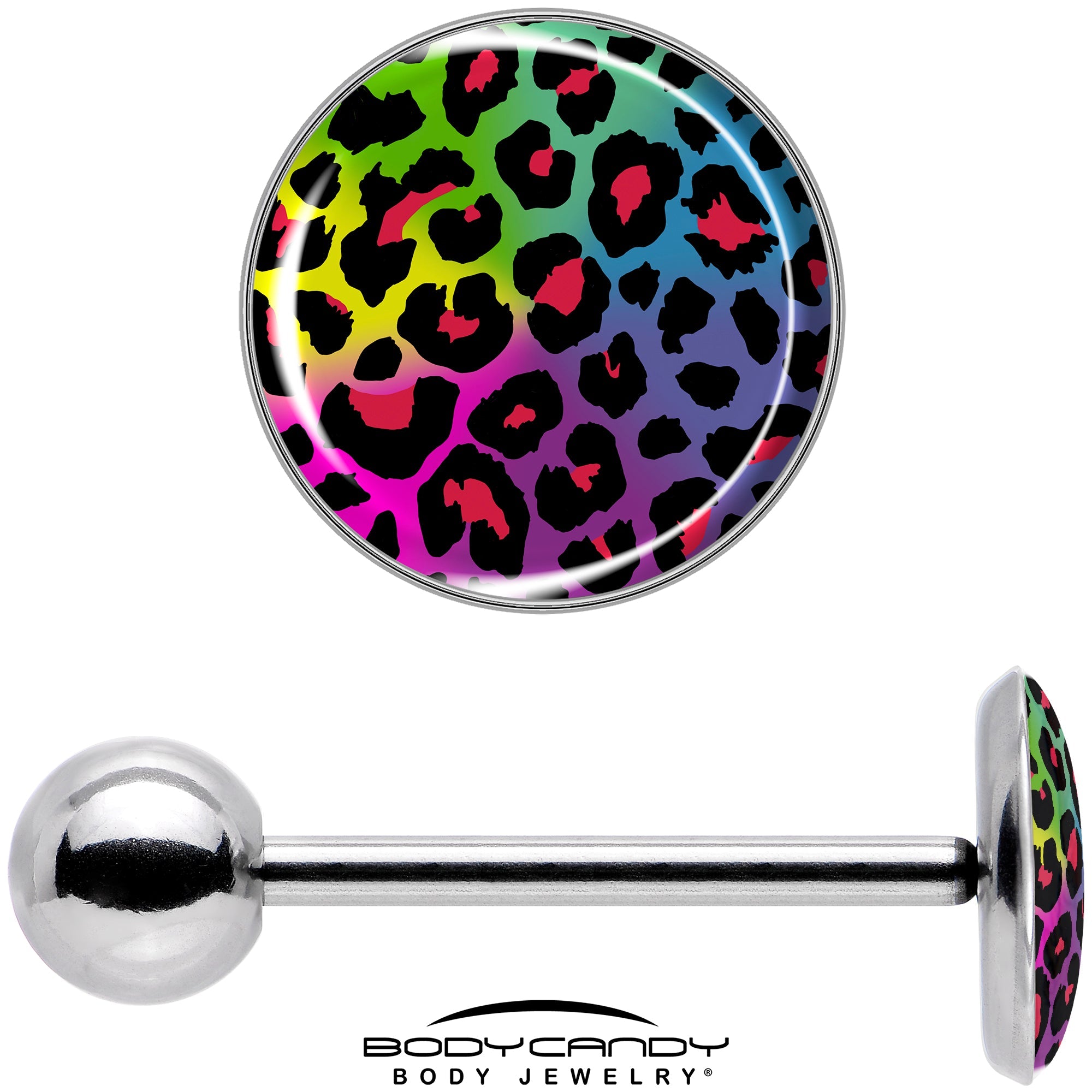 BodyCandy Rainbow Cheetah Print Barbell Tongue Ring by Onyx O — in-use photo