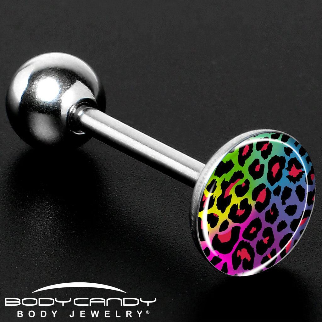 BodyCandy Rainbow Cheetah Print Barbell Tongue Ring by Onyx O — size reference