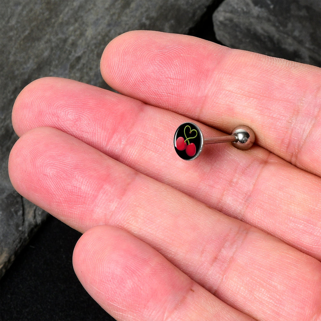BodyCandy Cherry Heart Barbell Tongue Ring by Onyx O — detail close-up