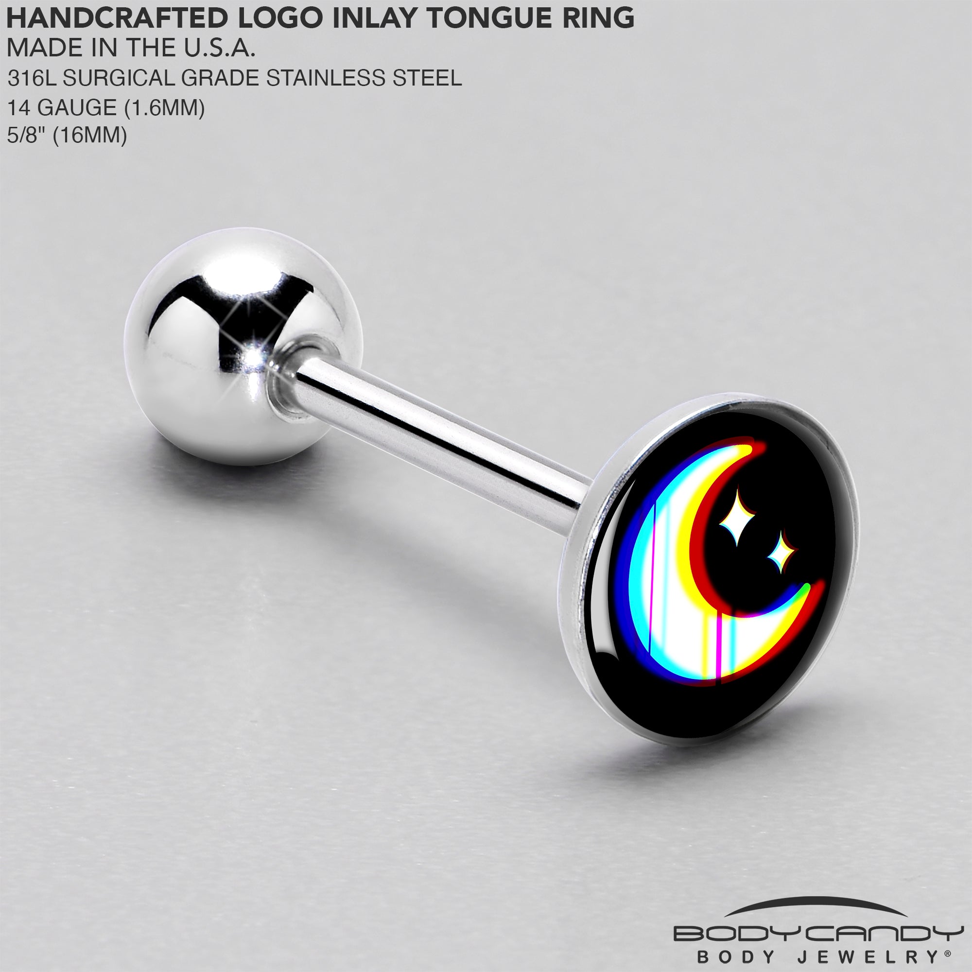 BodyCandy Chromatic Moon Barbell Tongue Ring by Onyx O — side view