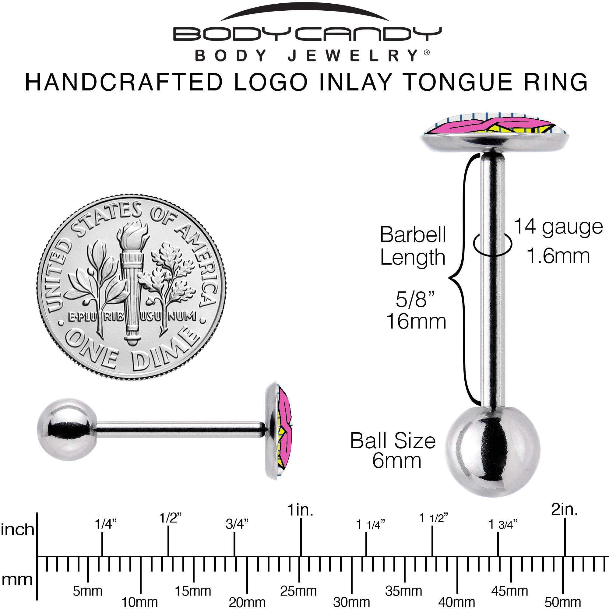 BodyCandy Hot Pink Cool S Barbell Tongue Ring by Onyx O — back view