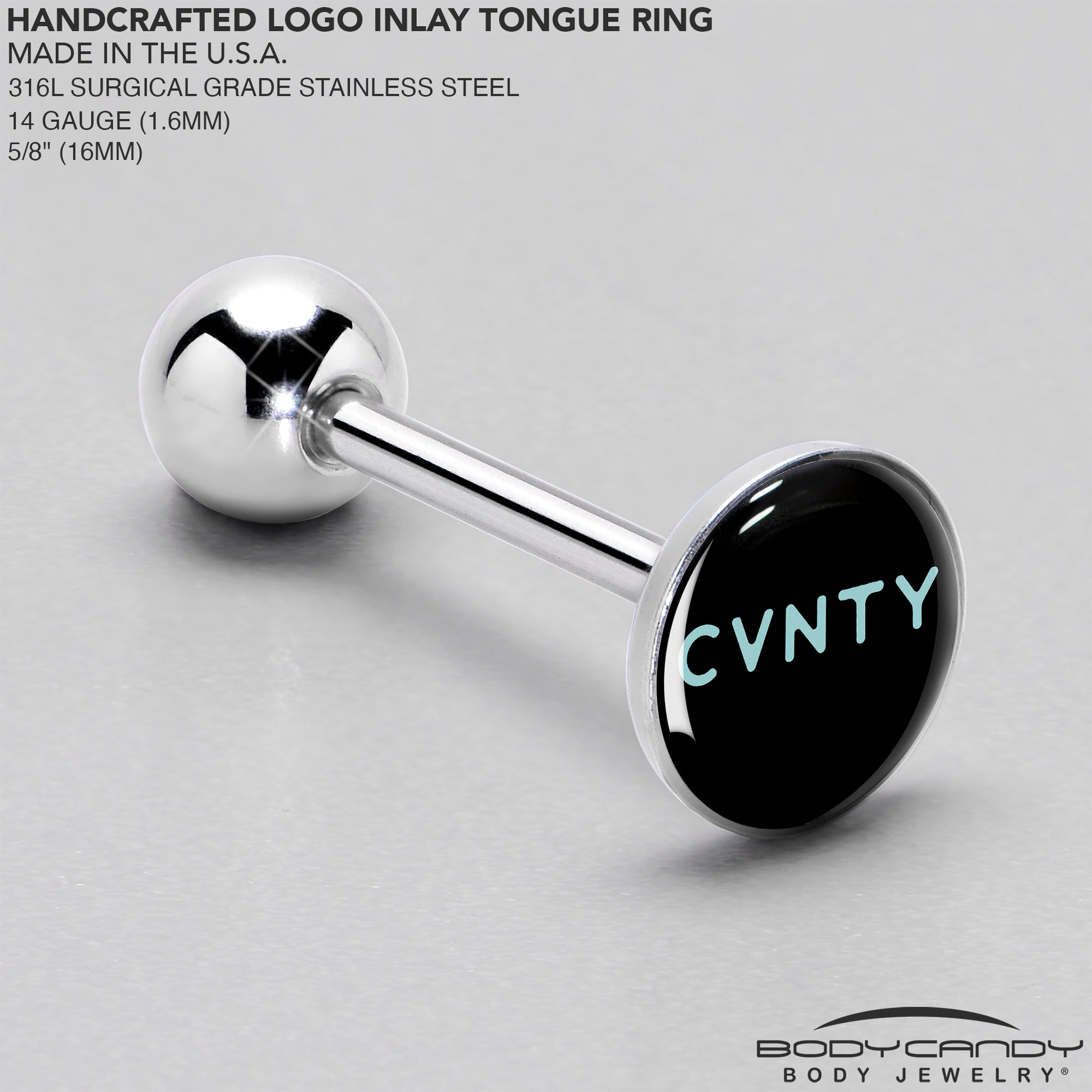 BodyCandy Phrase Logo CVNTY Barbell Tongue Ring by Onyx O — side view