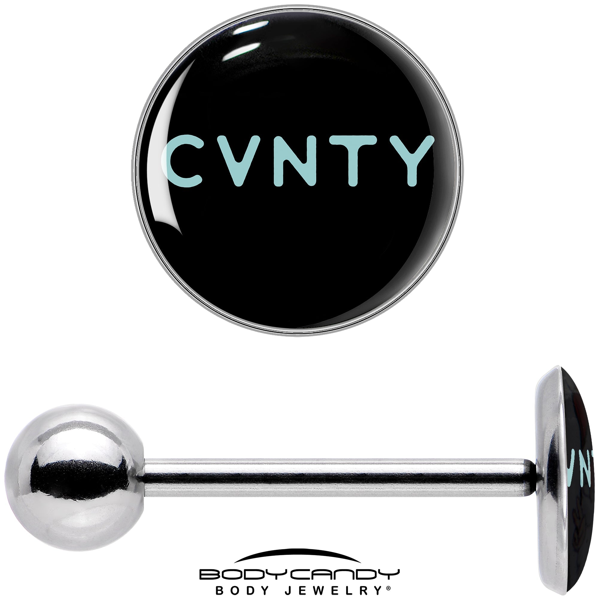 BodyCandy Phrase Logo CVNTY Barbell Tongue Ring by Onyx O — in-use photo