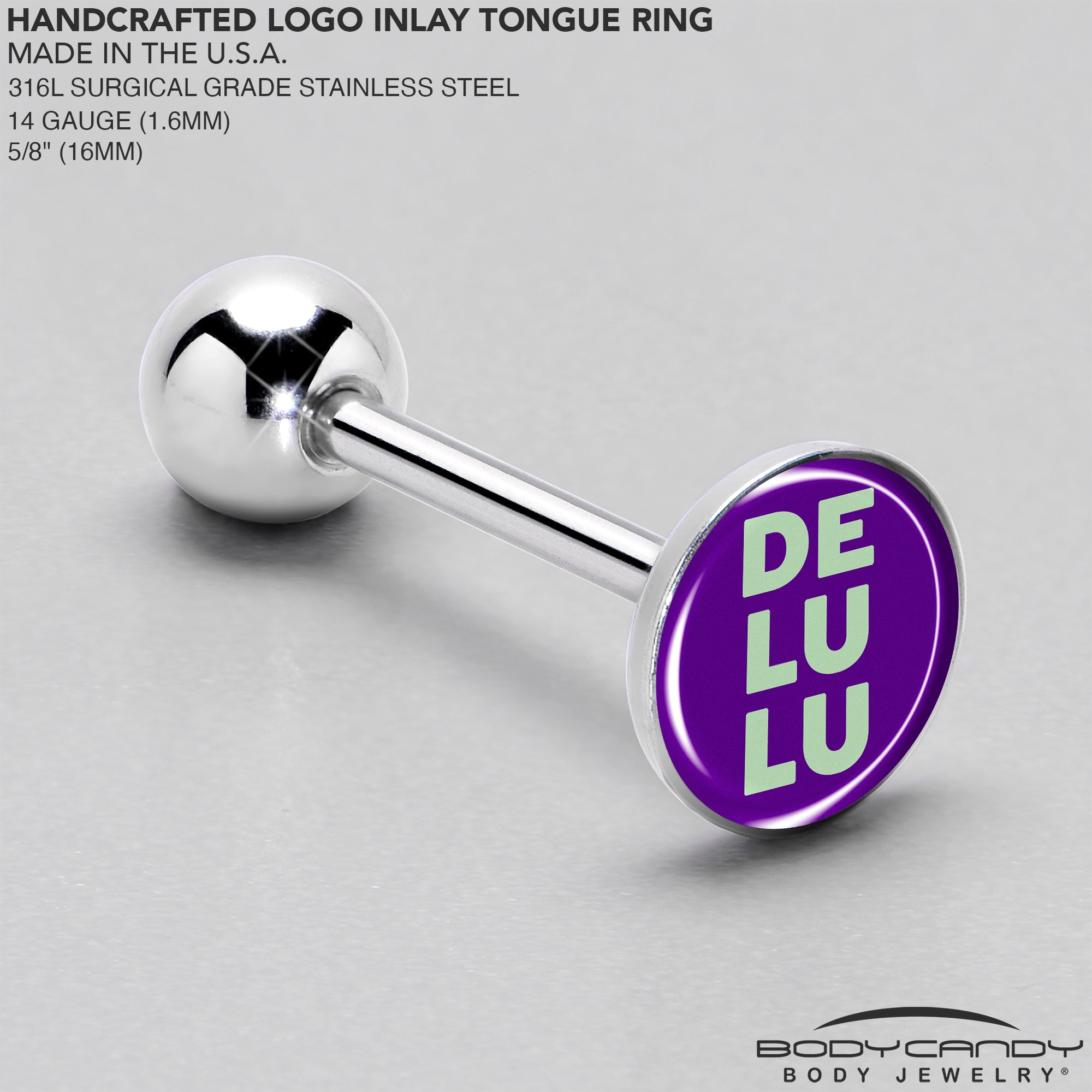 BodyCandy Word DELULU Barbell Tongue Ring by Onyx O — side view