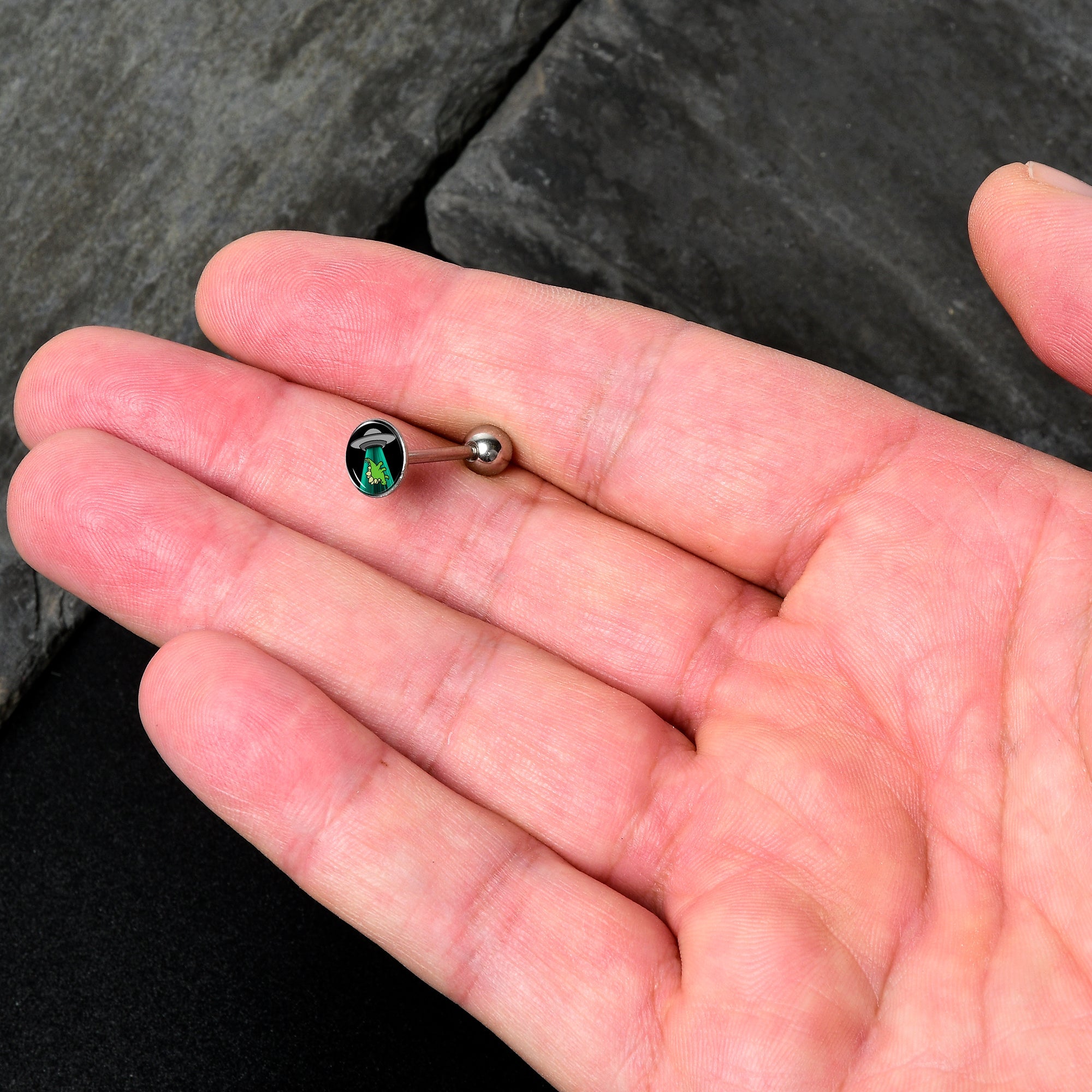 BodyCandy Alien UFO Dinosaur Abduction Barbell Tongue Ring by Onyx O — lifestyle context