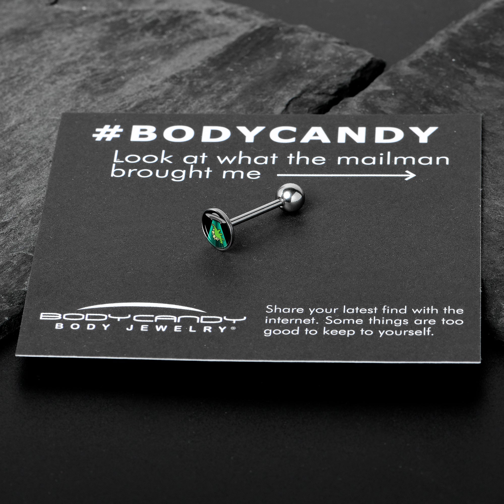 BodyCandy Alien UFO Dinosaur Abduction Barbell Tongue Ring by Onyx O — in-use photo