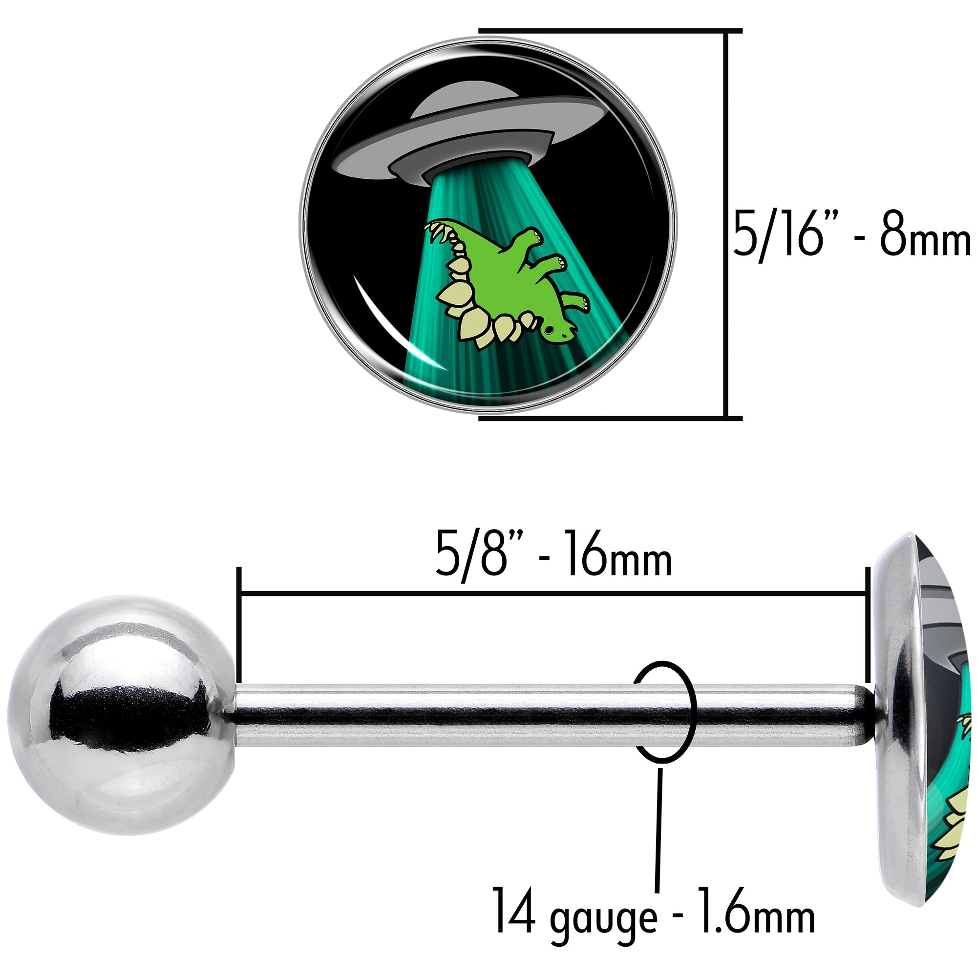 BodyCandy Alien UFO Dinosaur Abduction Barbell Tongue Ring by Onyx O — size reference