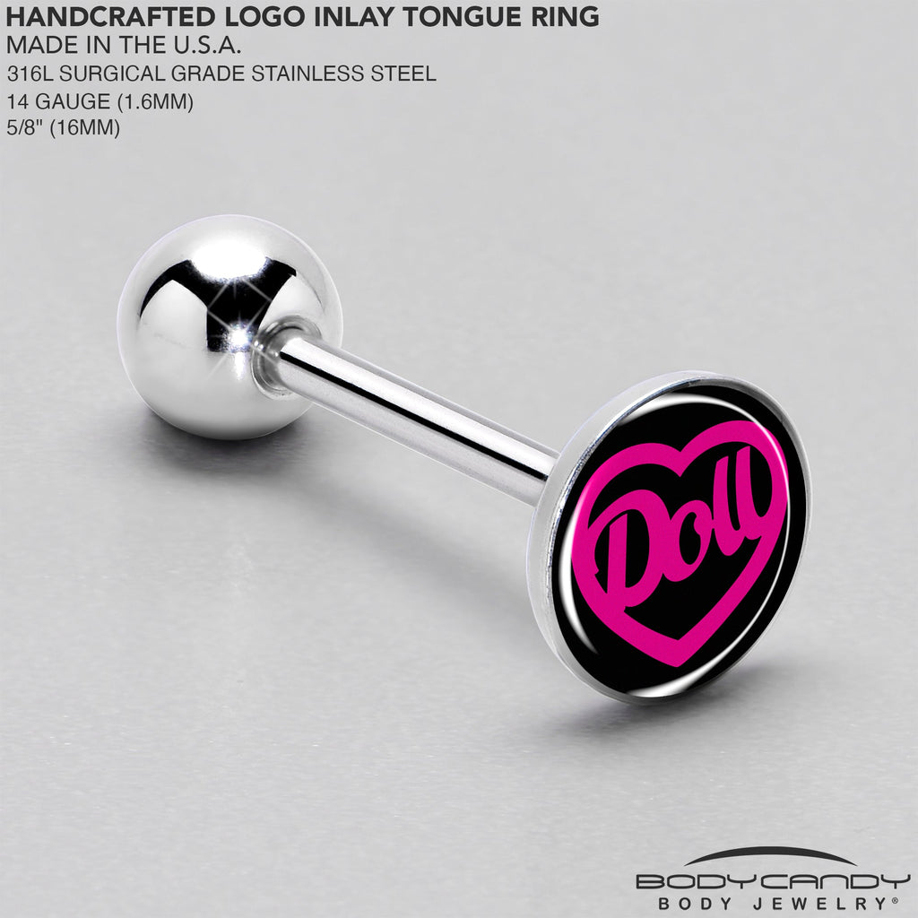 BodyCandy Hollow Heart Doll Word Barbell Tongue Ring by Onyx O — side view