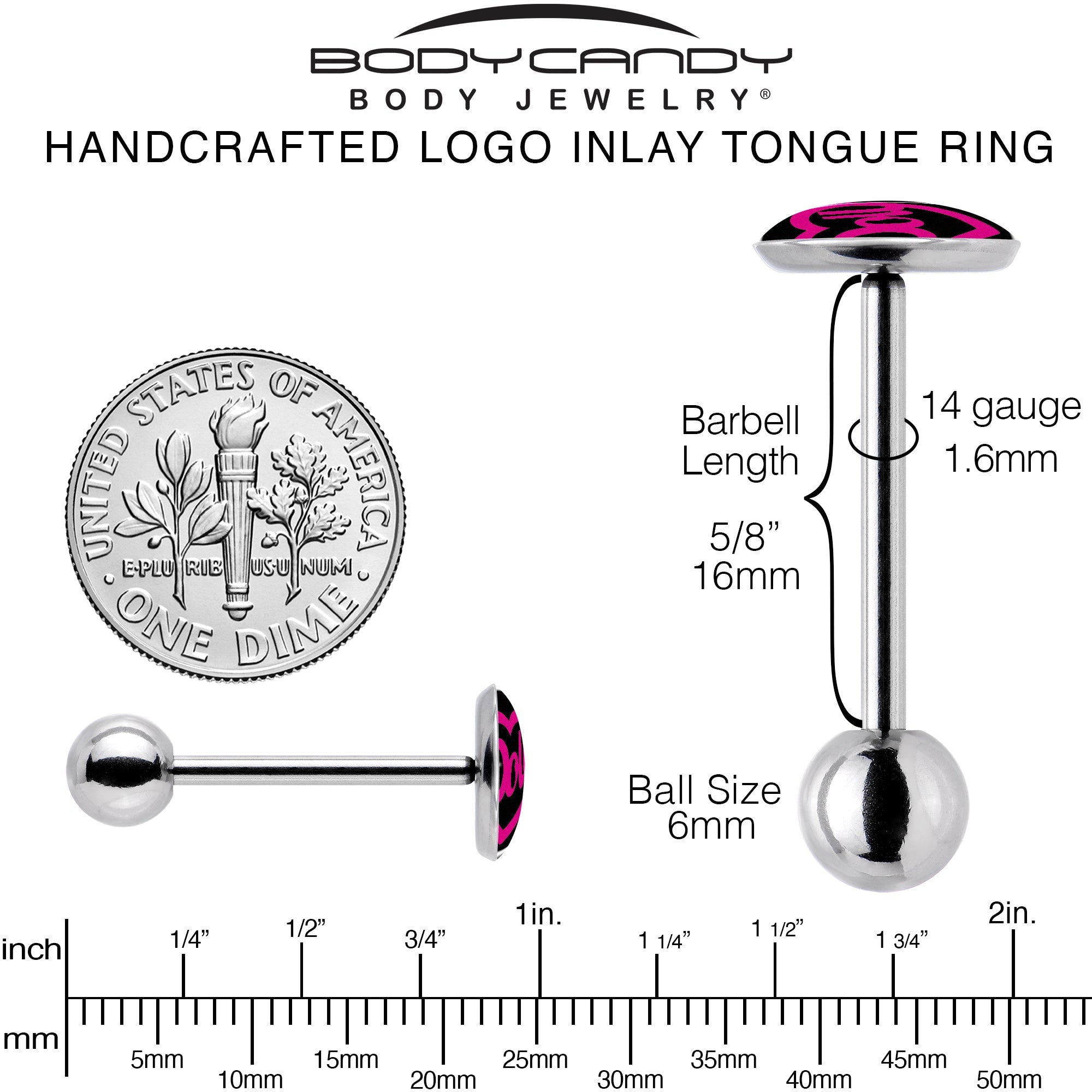 BodyCandy Hollow Heart Doll Word Barbell Tongue Ring by Onyx O — back view