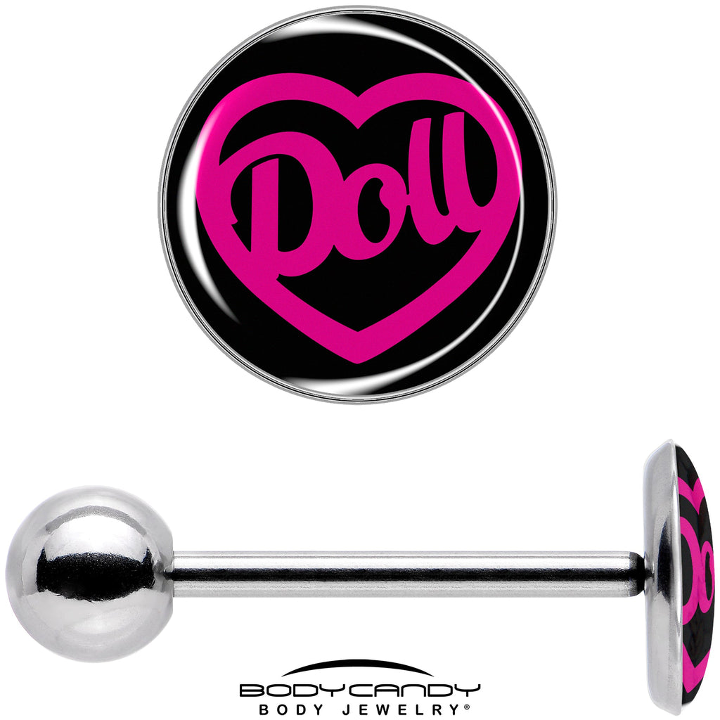 BodyCandy Hollow Heart Doll Word Barbell Tongue Ring by Onyx O — size reference
