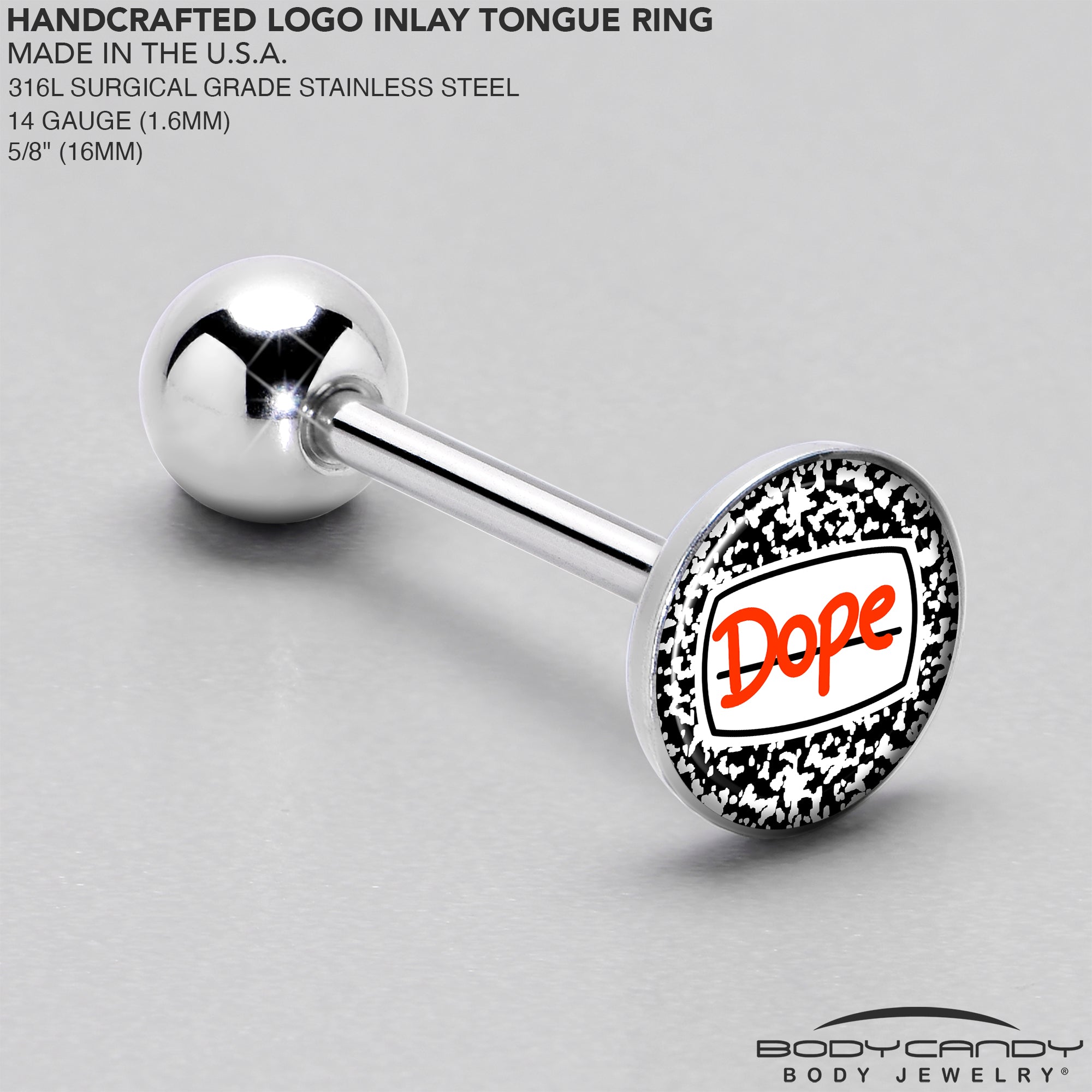 BodyCandy Dope Composition Notebook Barbell Tongue Ring by Onyx O — side view