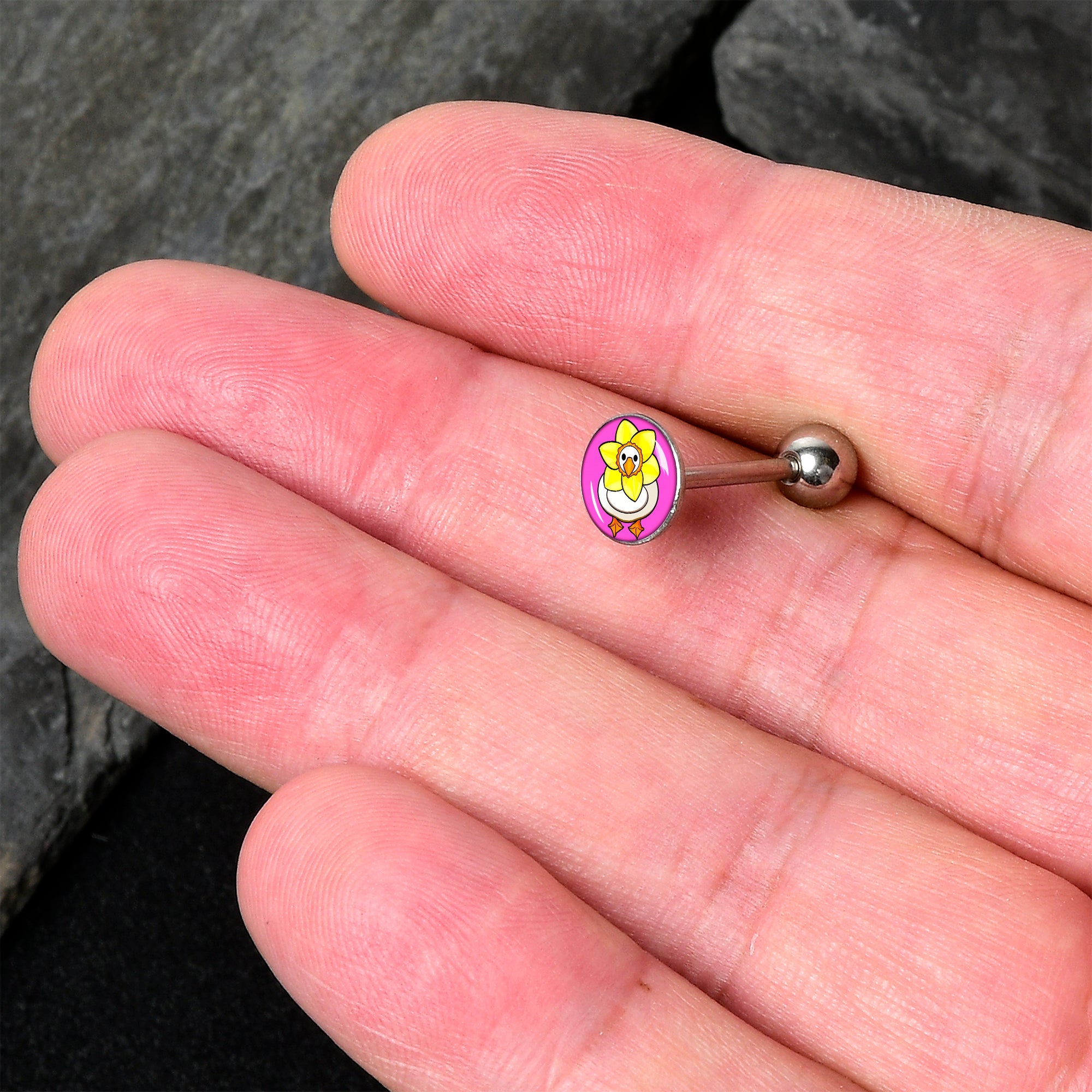 BodyCandy Daffodil Duck Barbell Tongue Ring by Onyx O — detail close-up