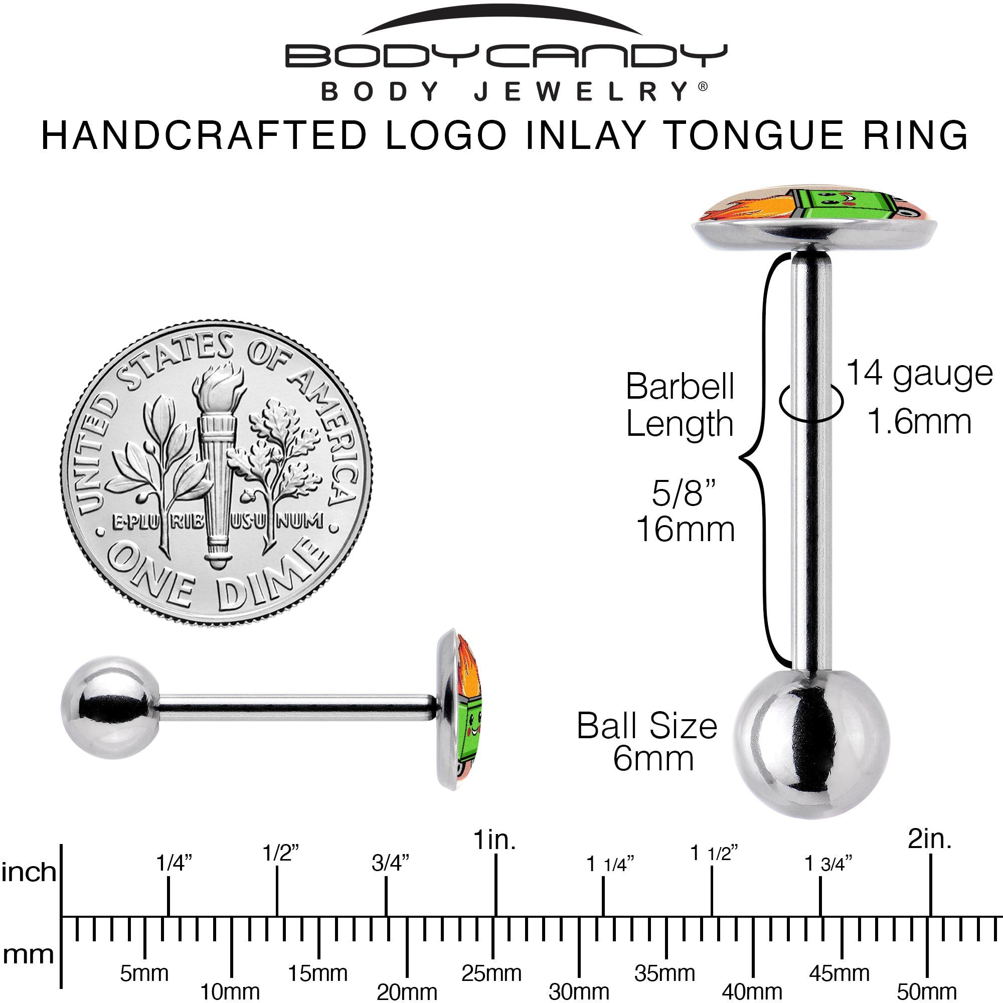 BodyCandy Dumpster Fire Barbell Tongue Ring by Onyx O — back view