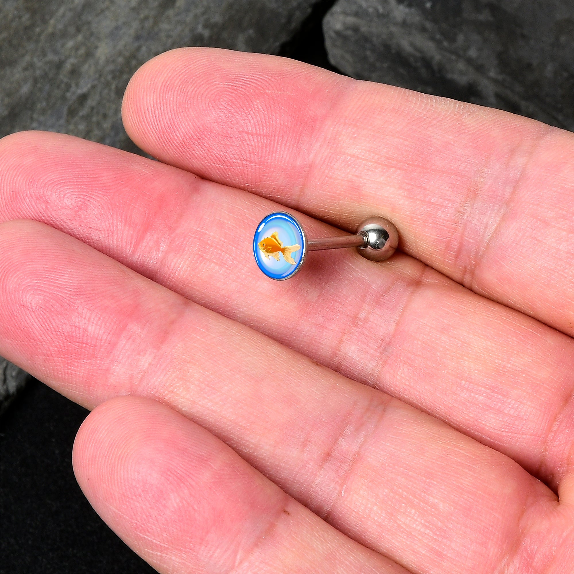 BodyCandy Gold Fish Barbell Tongue Ring by Onyx O — detail close-up