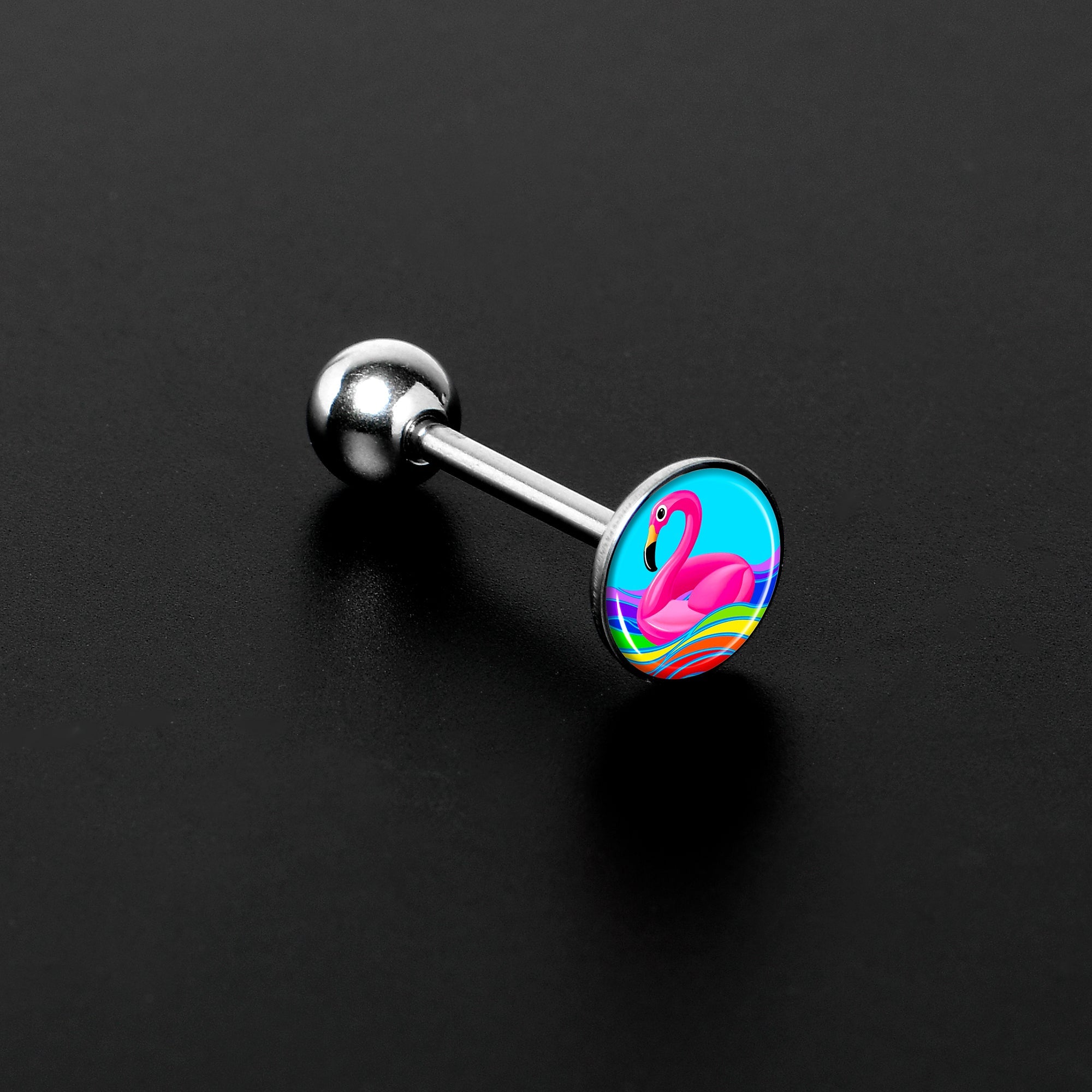 BodyCandy Rainbow Sea Floating Flamingo Barbell Tongue Ring by Onyx O — detail close-up