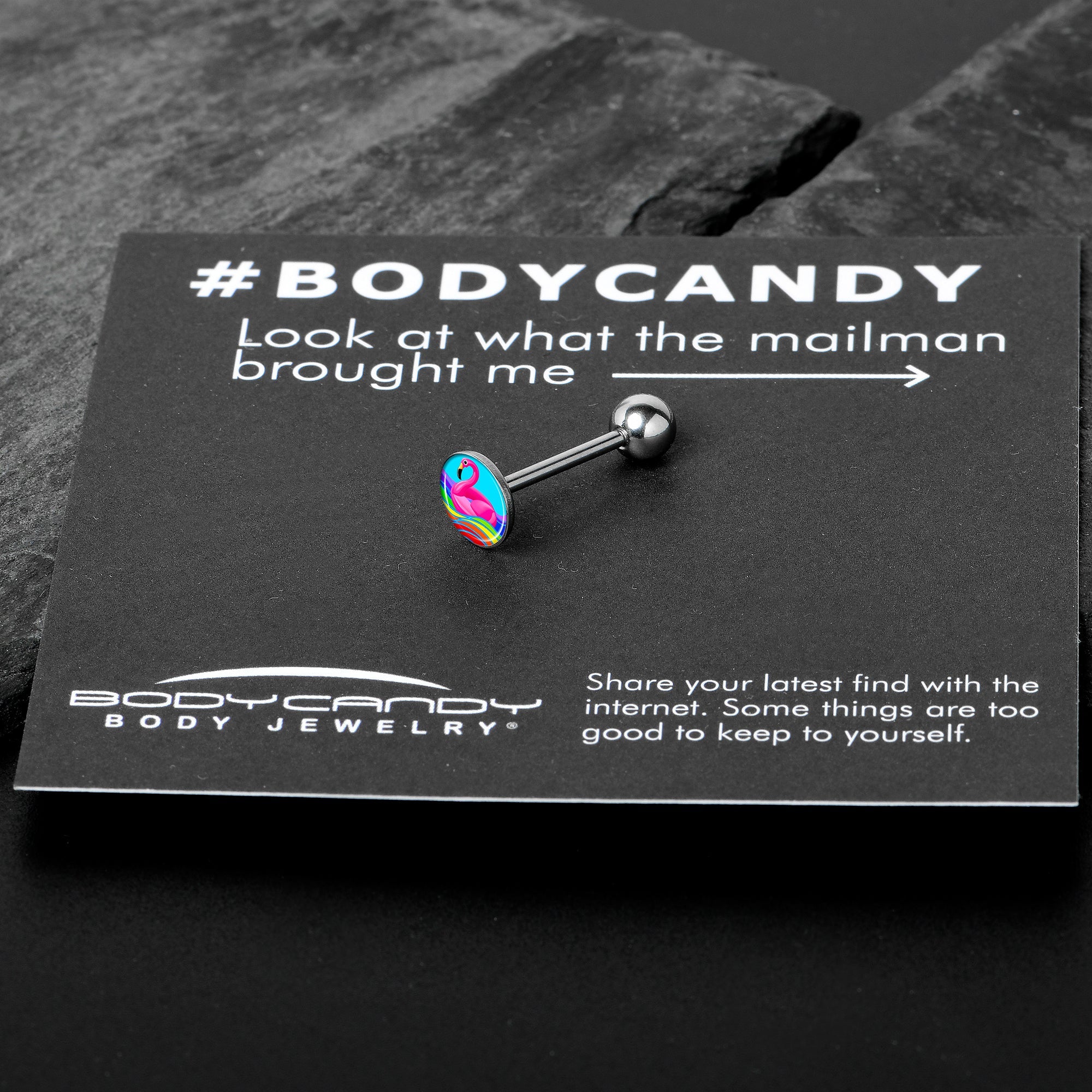 BodyCandy Rainbow Sea Floating Flamingo Barbell Tongue Ring by Onyx O — in-use photo