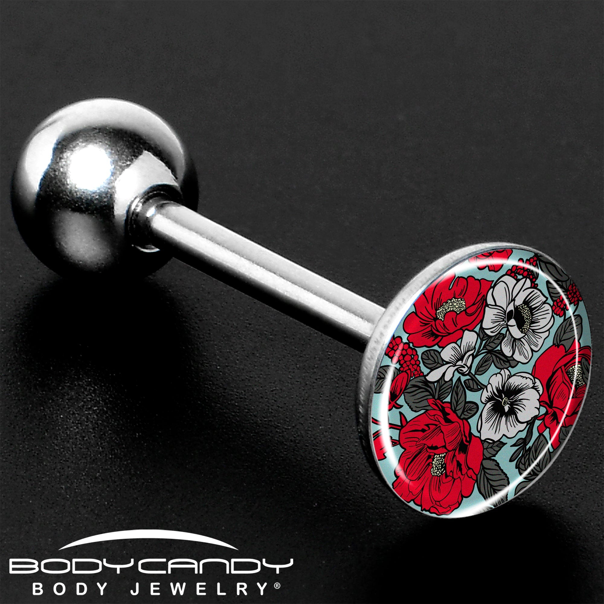 BodyCandy Blossom Creation Vibrant Bloom of Flowers Barbell Tongue Ring by Onyx O — size reference