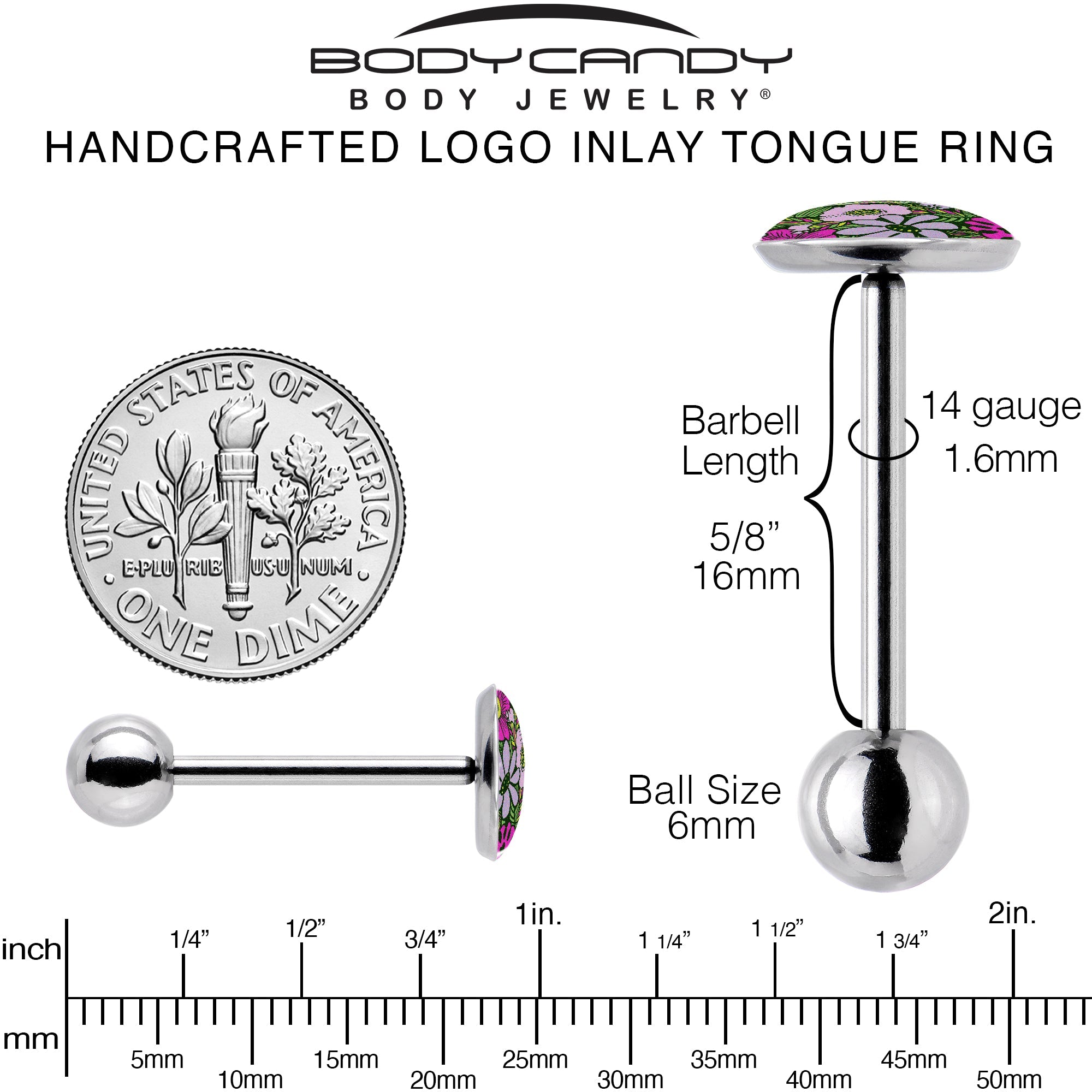 BodyCandy Blossom Creation Paradise of Pink Flowers Barbell Tongue Ring by Onyx O — back view