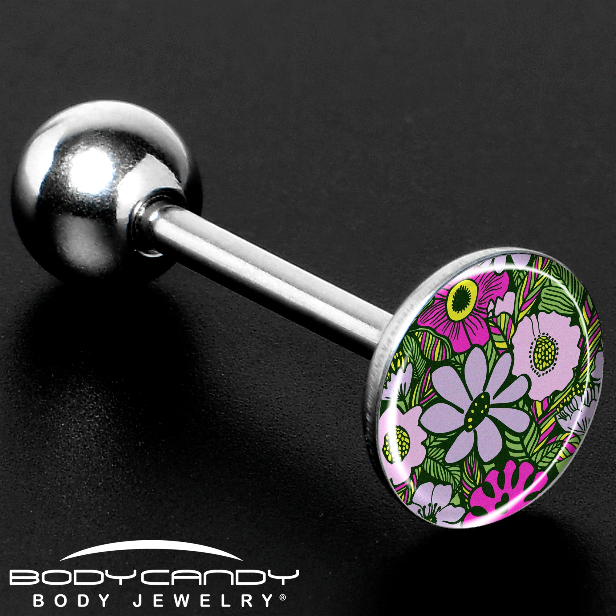 BodyCandy Blossom Creation Paradise of Pink Flowers Barbell Tongue Ring by Onyx O — size reference