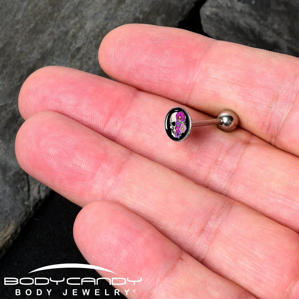 BodyCandy Floral Flowers Skull Barbell Tongue Ring by Onyx O — detail close-up