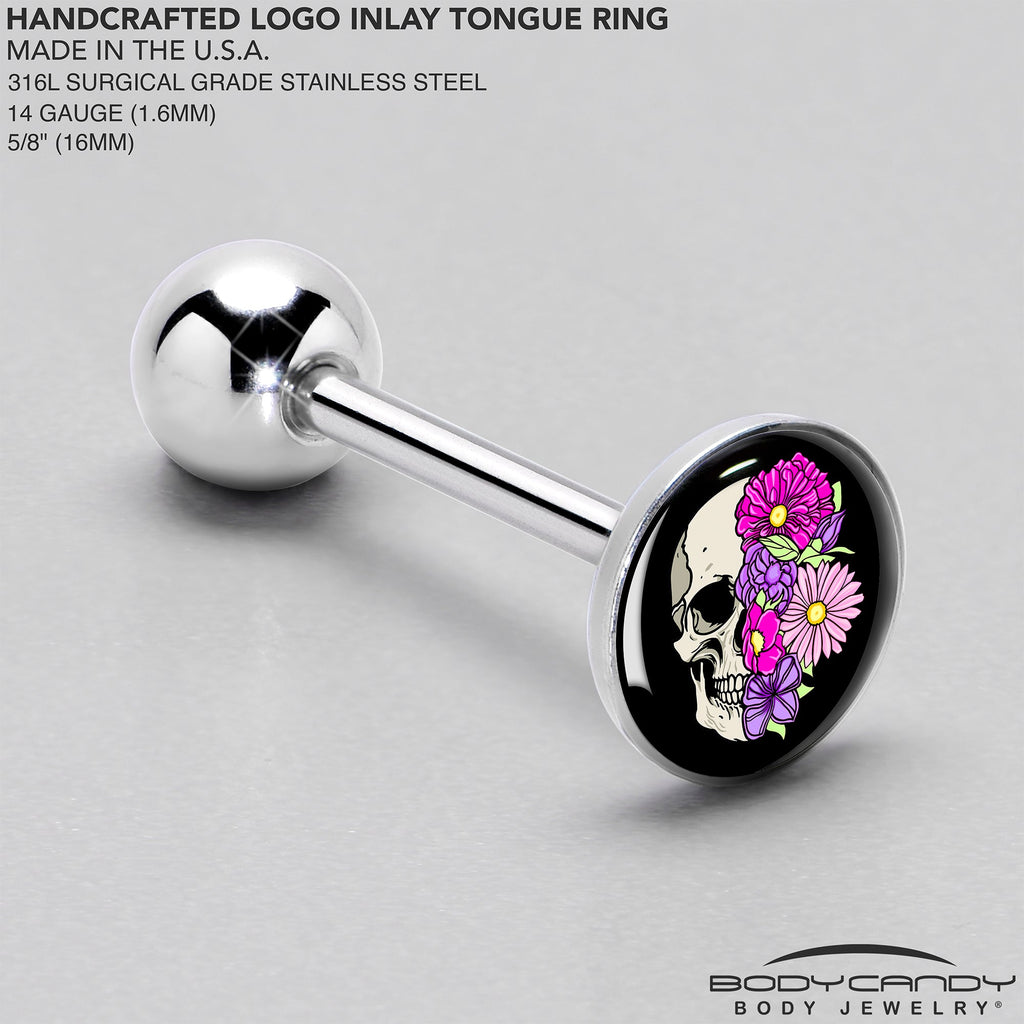 BodyCandy Floral Flowers Skull Barbell Tongue Ring by Onyx O — side view