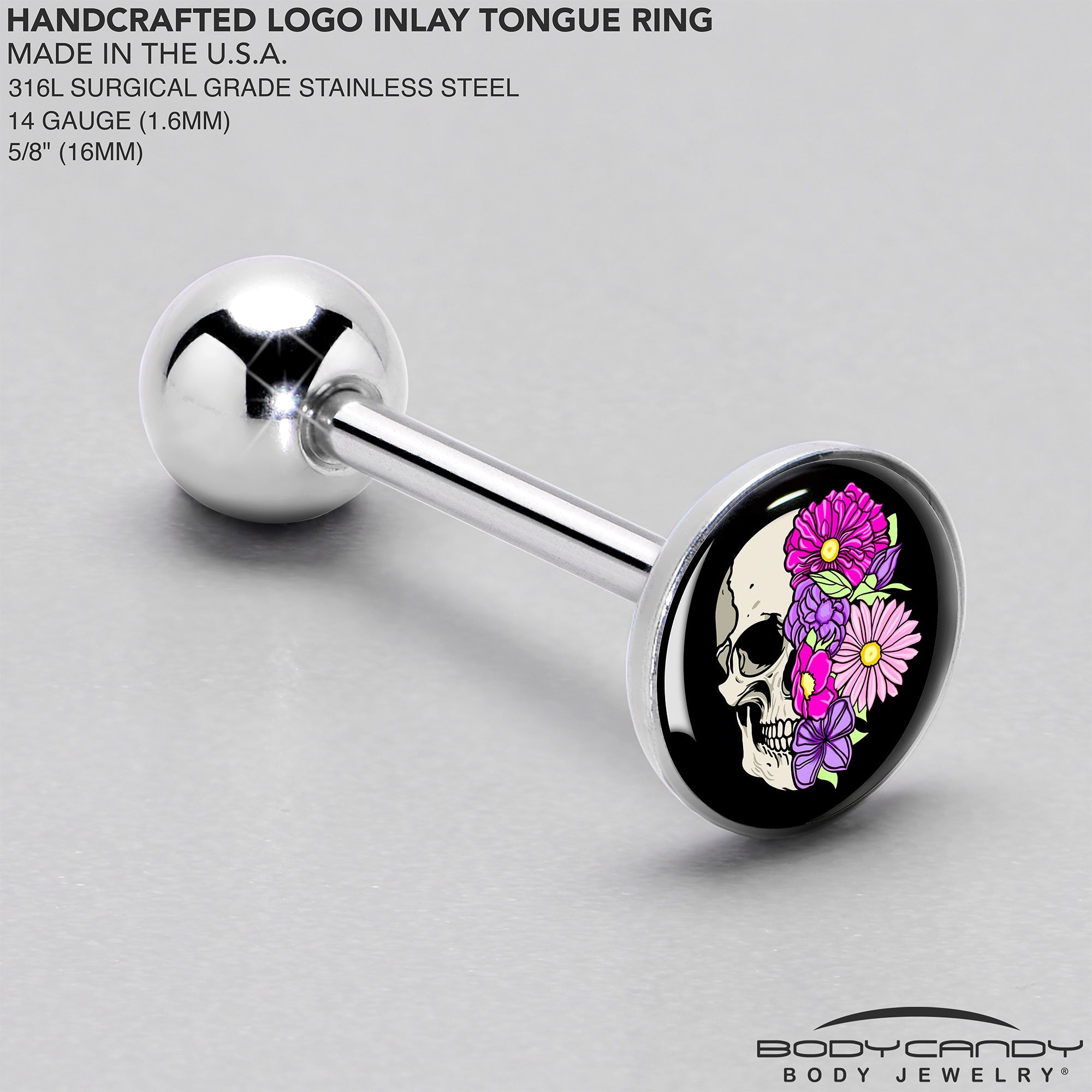 BodyCandy Floral Flowers Skull Barbell Tongue Ring by Onyx O — side view