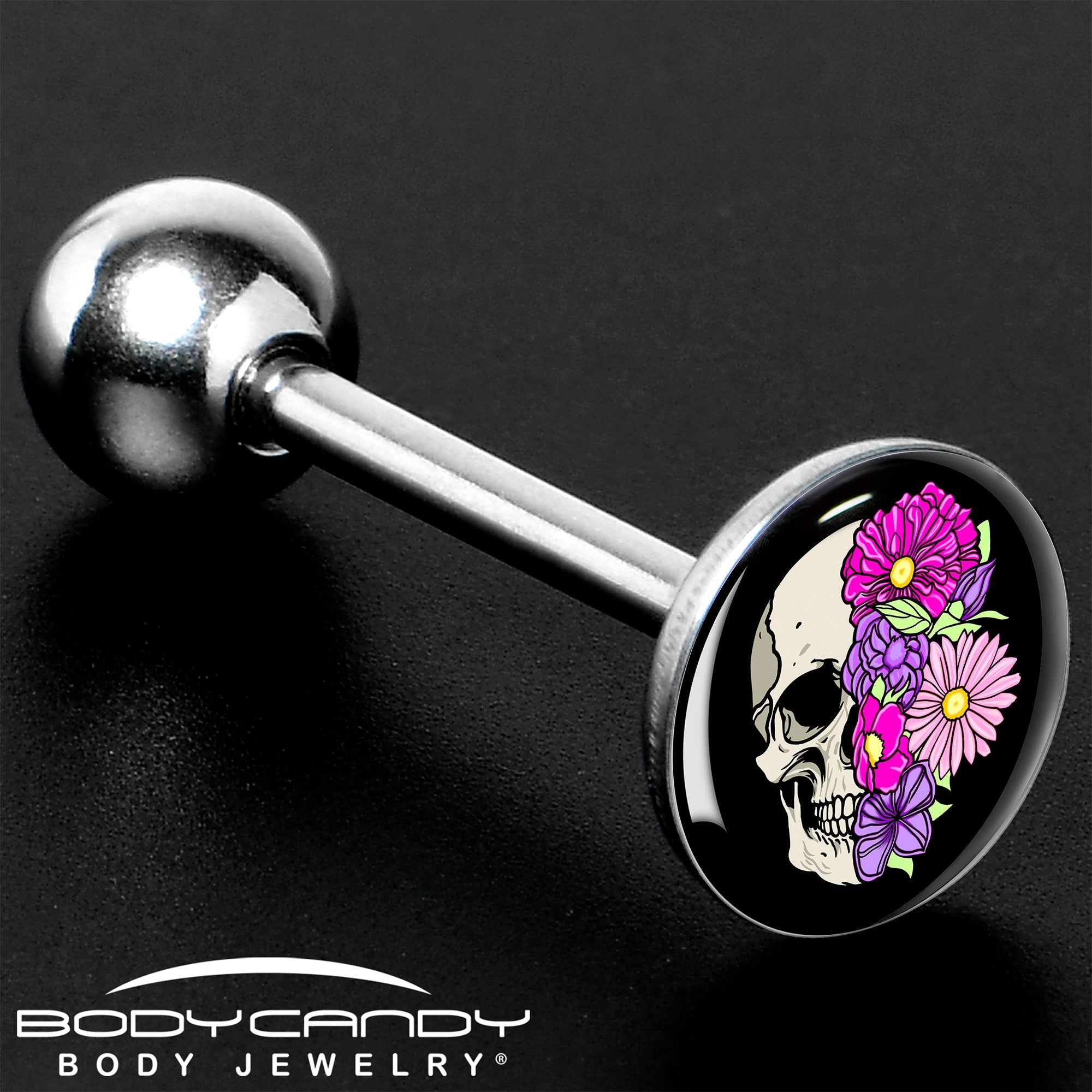 BodyCandy Floral Flowers Skull Barbell Tongue Ring by Onyx O — in-use photo