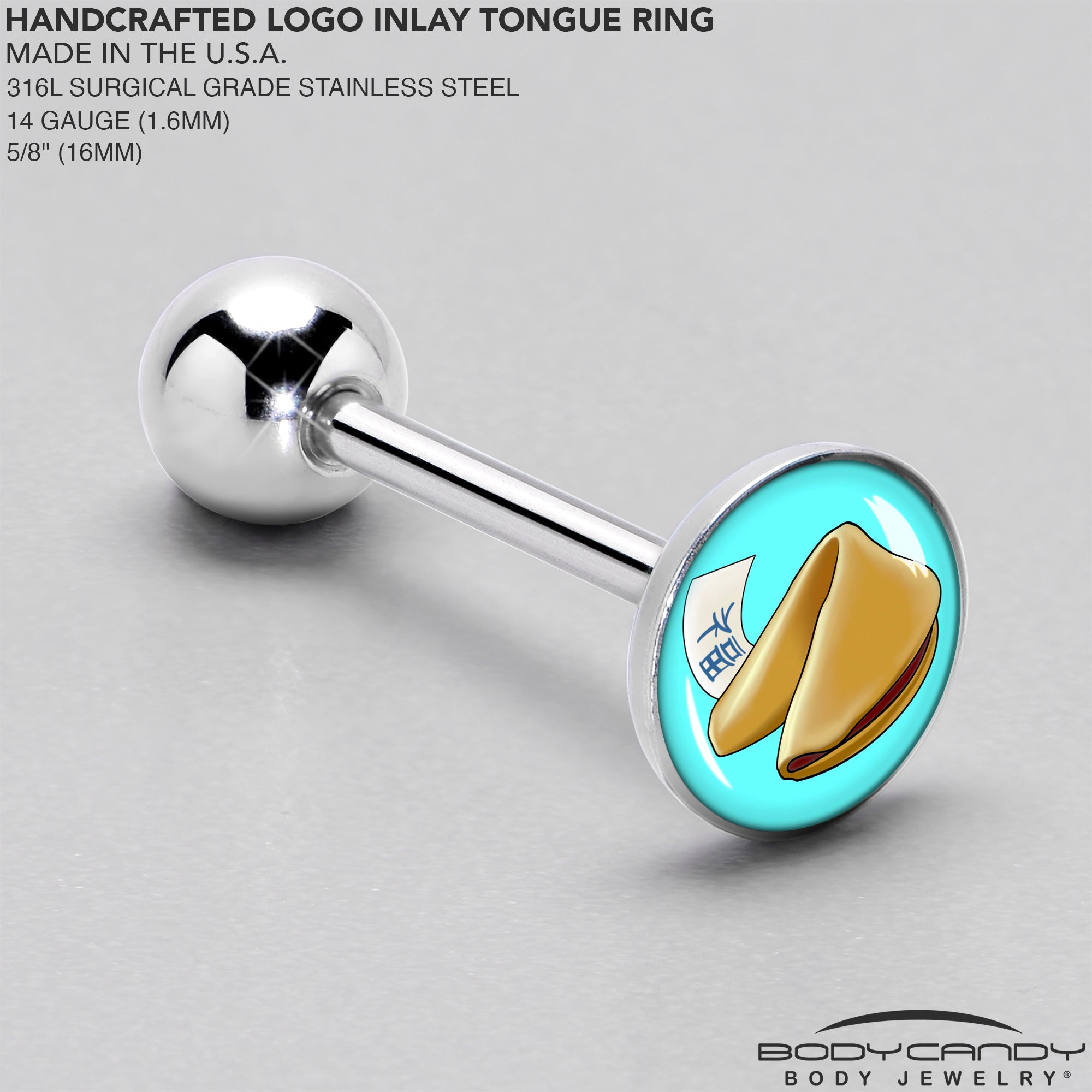 BodyCandy Fortune Cookie Barbell Tongue Ring by Onyx O — side view