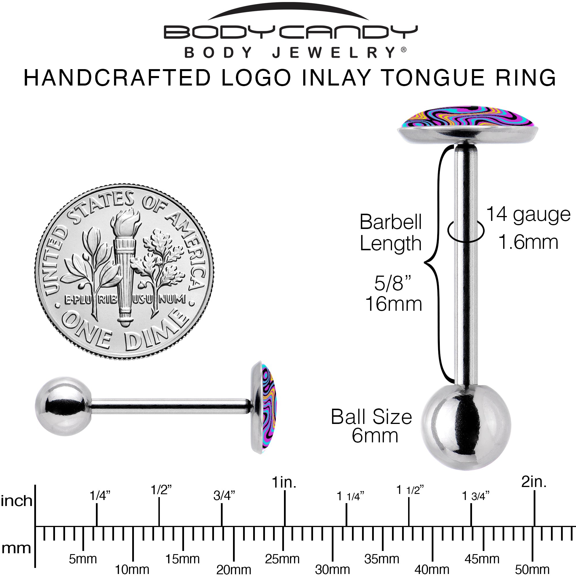 BodyCandy Funky Swirls Barbell Tongue Ring by Onyx O — back view