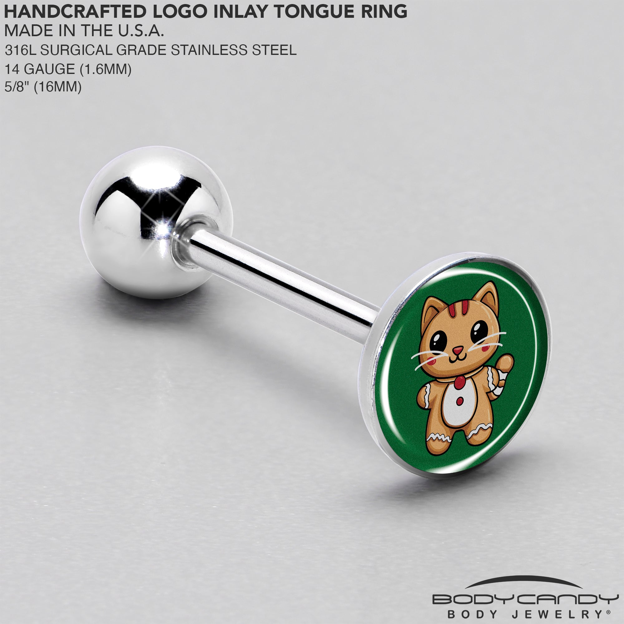 BodyCandy Christmas Holiday Gingerbrread Kitty Cat Barbell Tongue Ring by Onyx O — side view